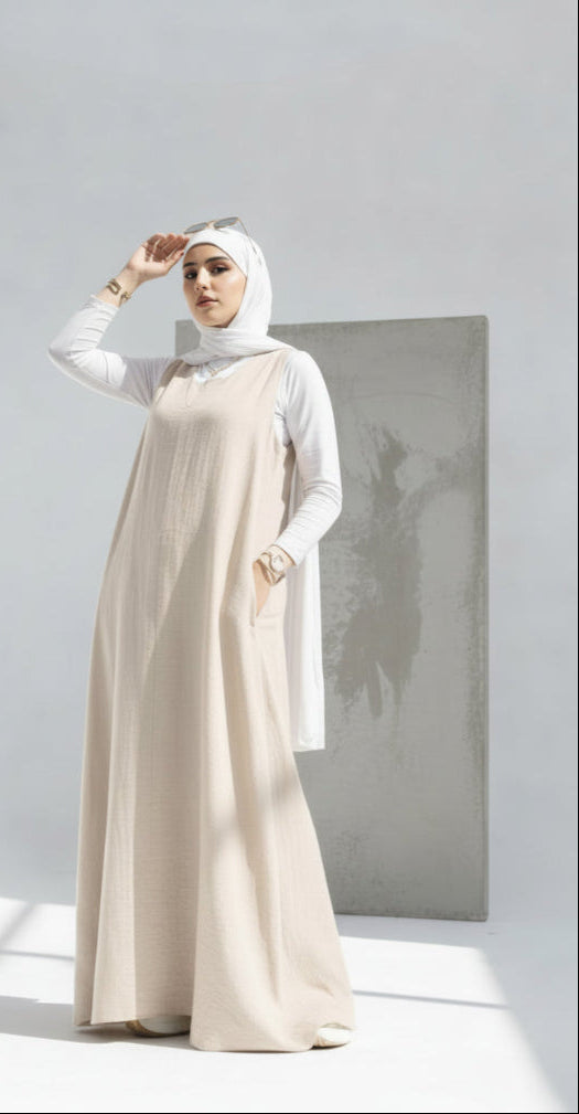 Beige Linen Modest Maxi Dress Sleeveless A-Line Abaya Layering Piece Revert Fashion Beige Linen Modest Maxi Dress Sleeveless A-Line Abaya Layering Piece Revert Fashion