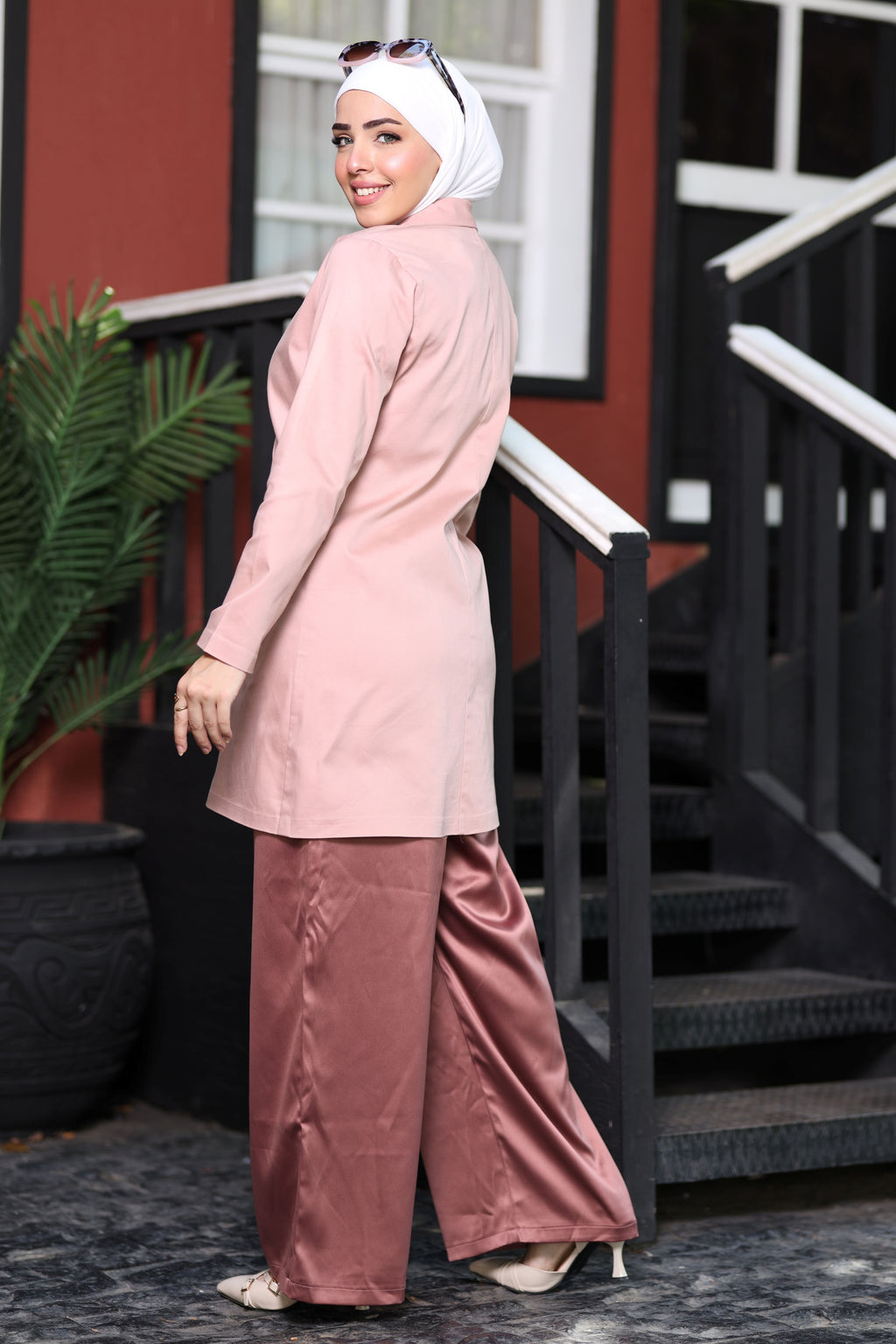 Pink Tailored Suit Set with Freesize Satin Pants | Revert