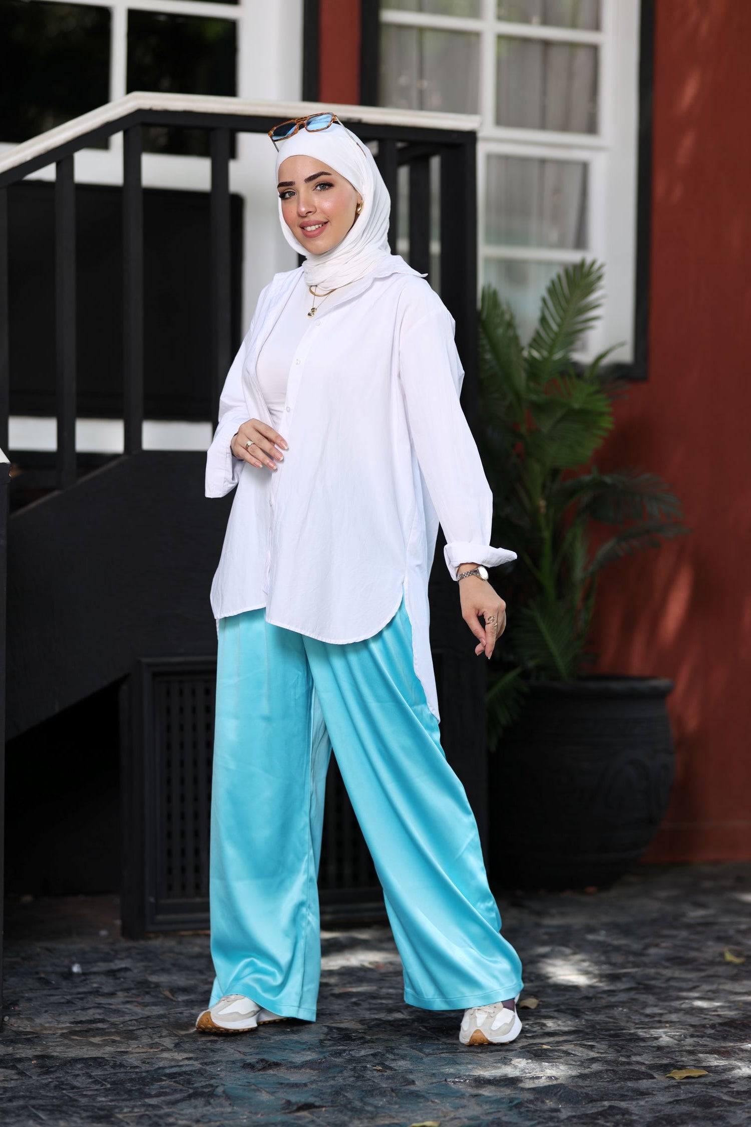 Aquamarine Blue Satin Wide-Leg Pants – High-Waist Flowy Modest Trousers, Lightweight Summer Satin Bottoms