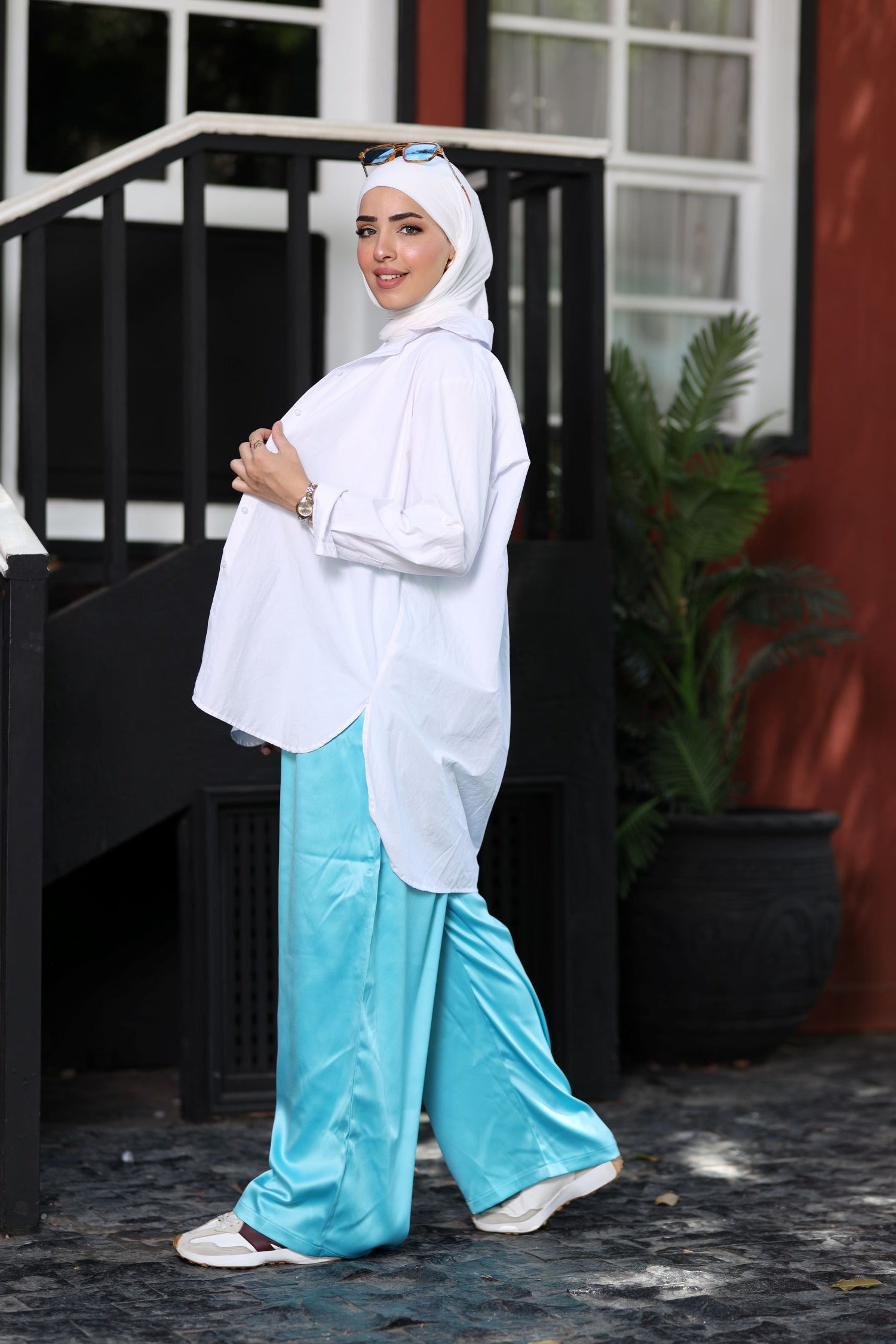 Aquamarine Blue Satin Wide-Leg Pants – High-Waist Flowy Modest Trousers, Lightweight Summer Satin Bottoms