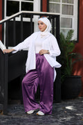 Plum Purple Satin Wide-Leg Pants High-Waist Modest Trousers, Lightweight Summer Bottoms | Revert