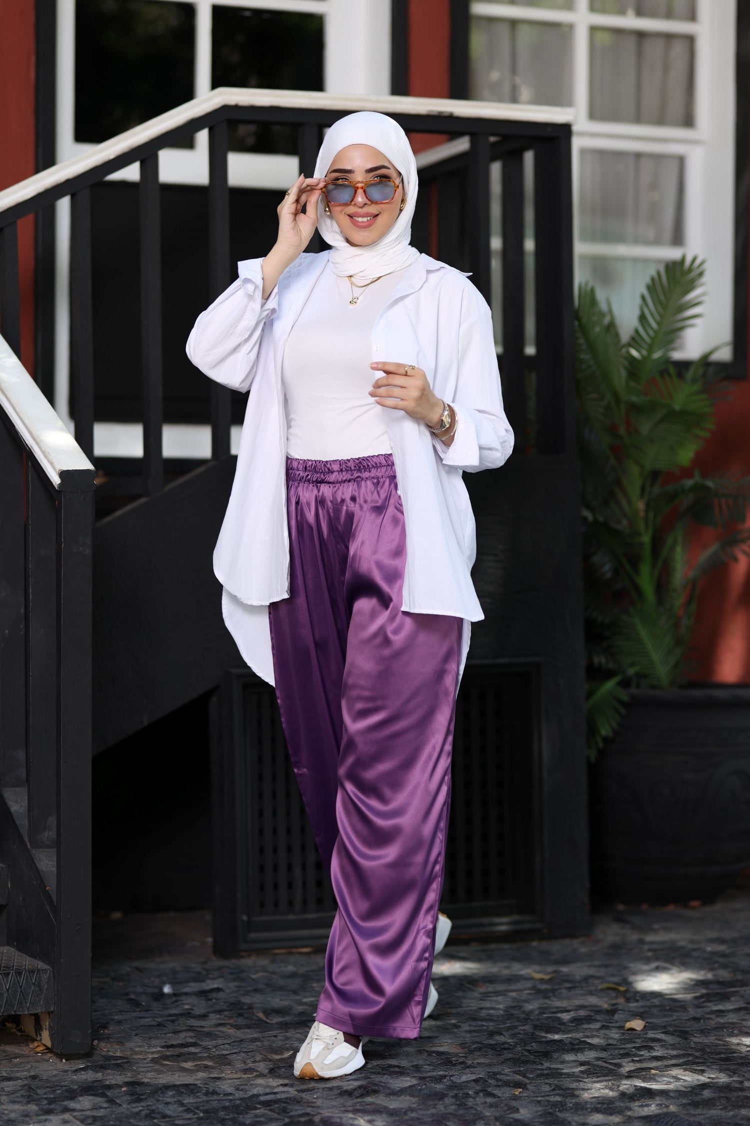 Plum Purple Satin Wide-Leg Pants – High-Waist Flowy Modest Trousers, Lightweight Summer Satin Bottoms