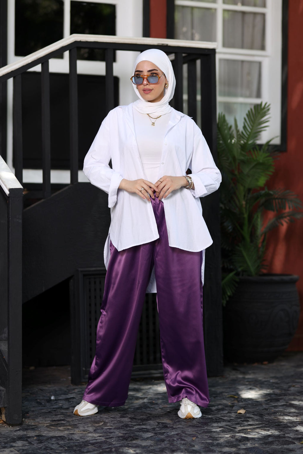 Plum Purple Satin Wide-Leg Pants High-Waist Modest Trousers, Lightweight Summer Bottoms | Revert