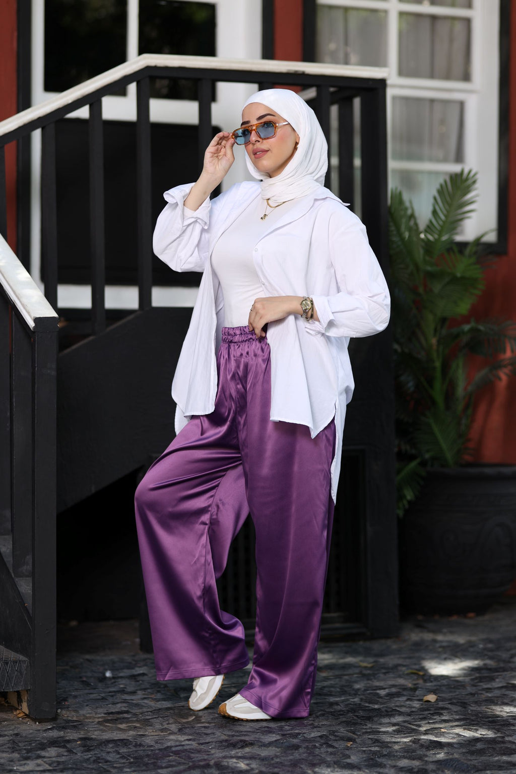 Plum Purple Satin Wide-Leg Pants High-Waist Modest Trousers, Lightweight Summer Bottoms | Revert