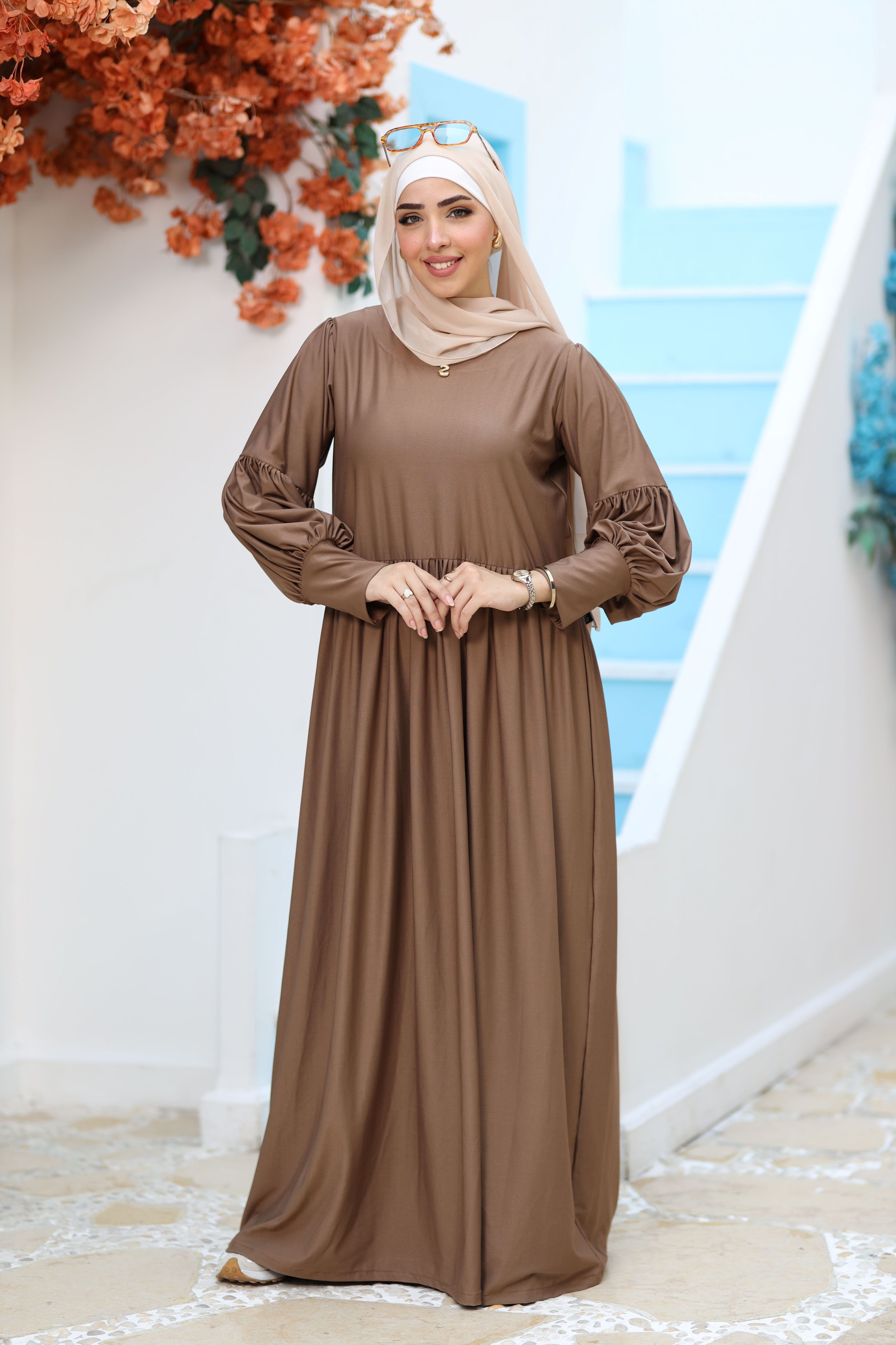 Puffy Sleeve Modest Maxi Dress – Premium Flow & Comfort - Cappuccino Brown | Revert