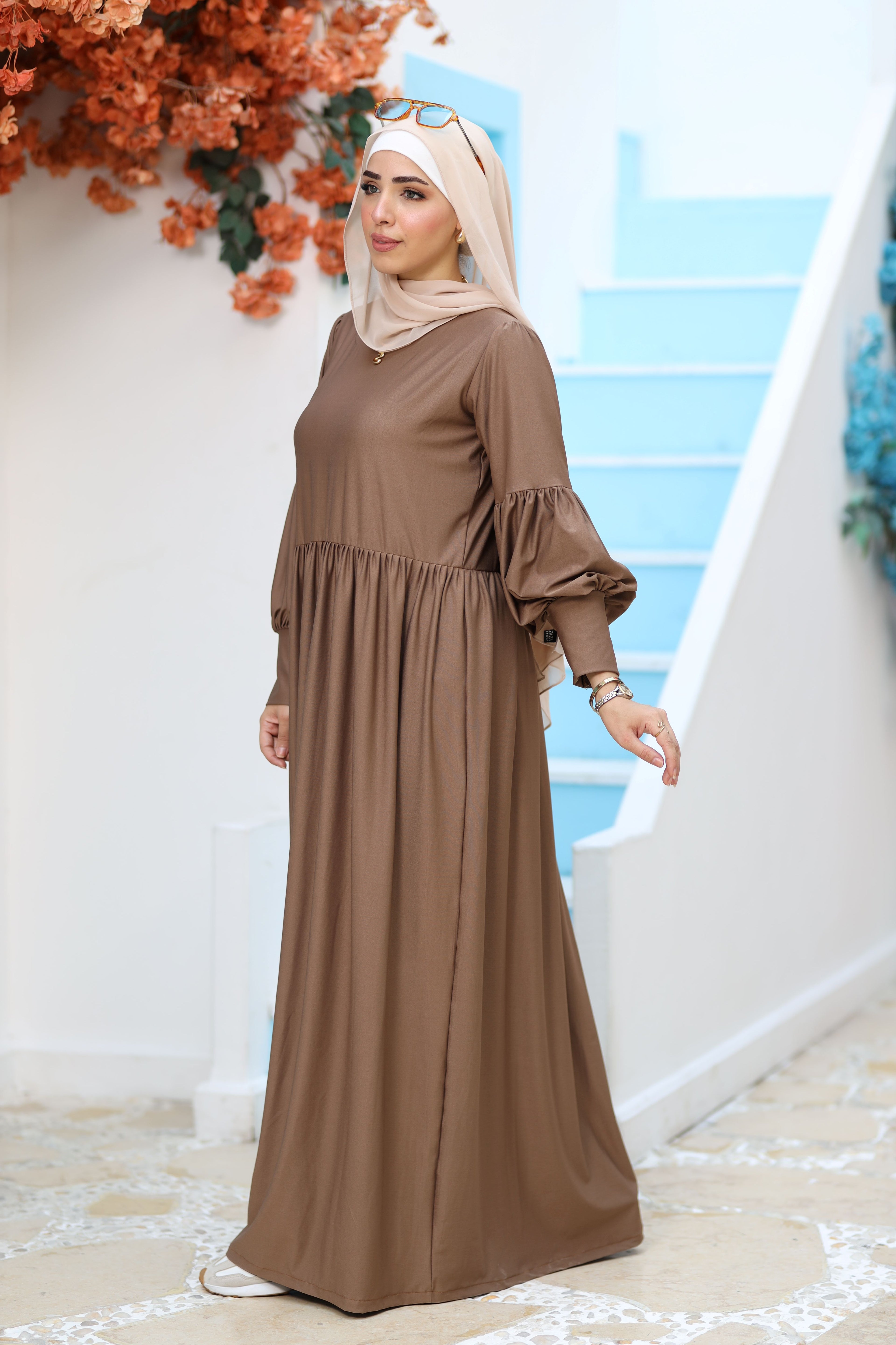 Puffy Sleeve Modest Maxi Dress – Premium Flow & Comfort - Cappuccino Brown | Revert