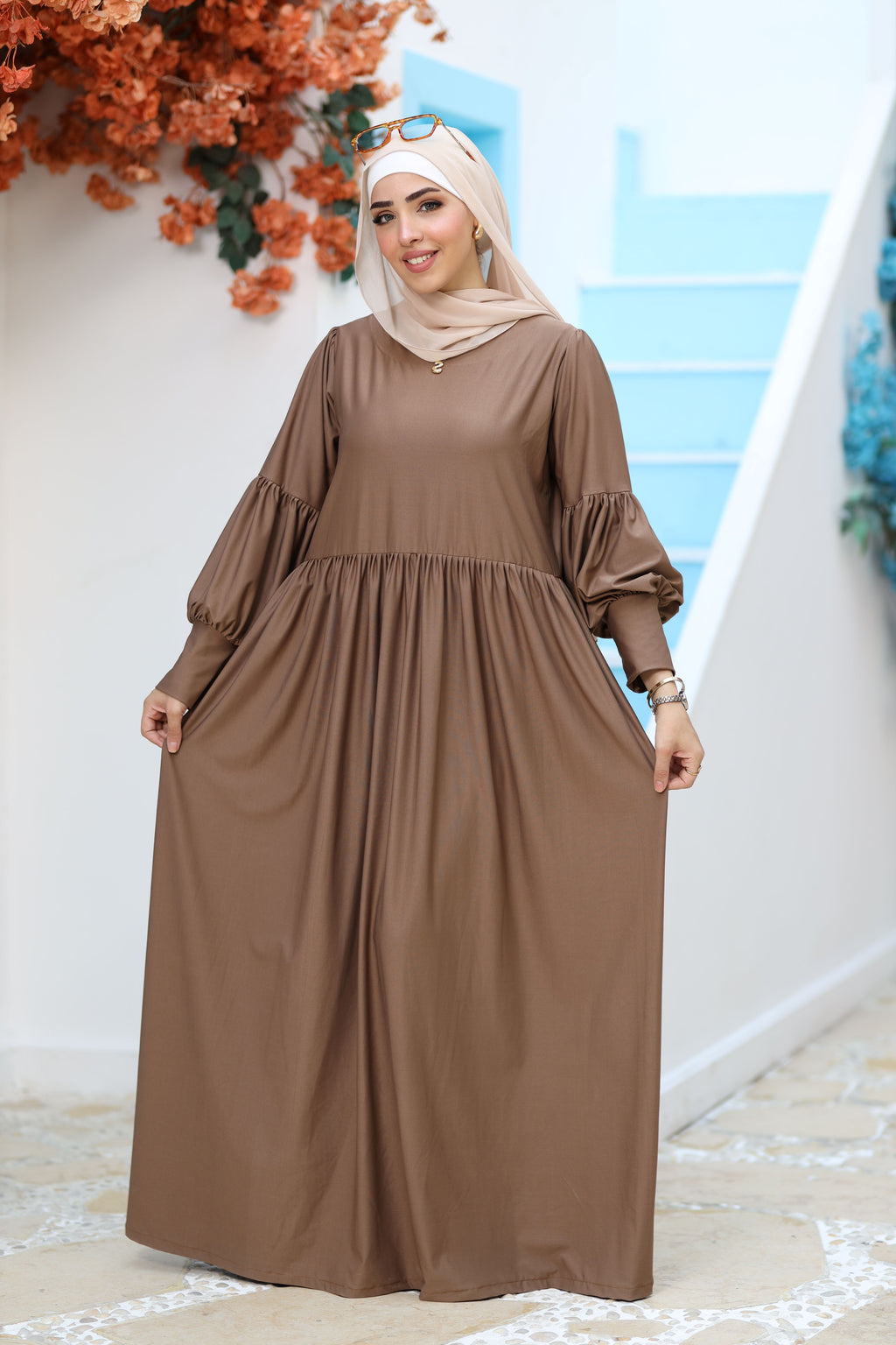 Puffy Sleeve Modest Maxi Dress – Premium Flow & Comfort - Cappuccino Brown | Revert