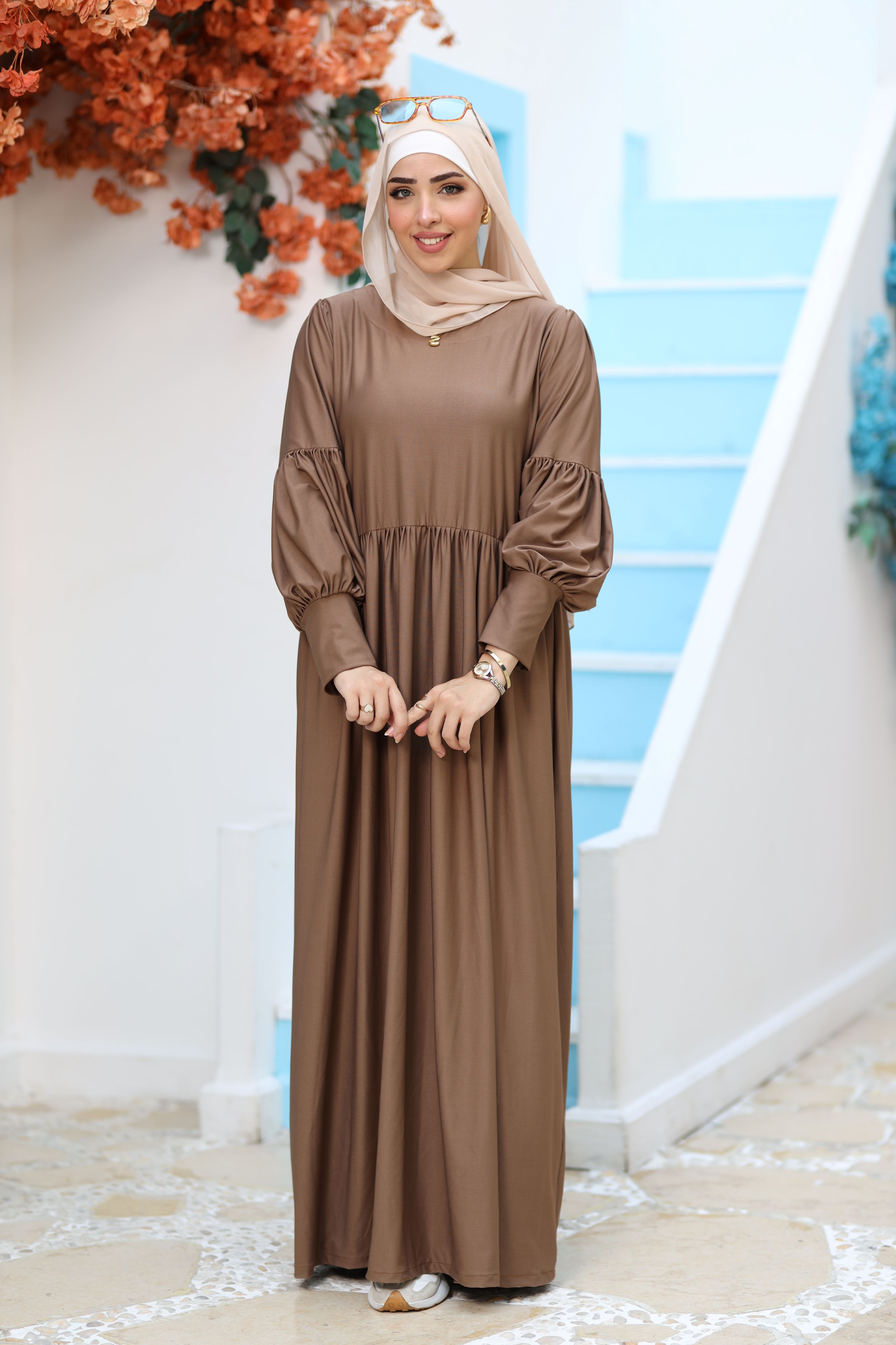 Puffy Sleeve Modest Maxi Dress – Premium Flow & Comfort - Cappuccino Brown | Revert