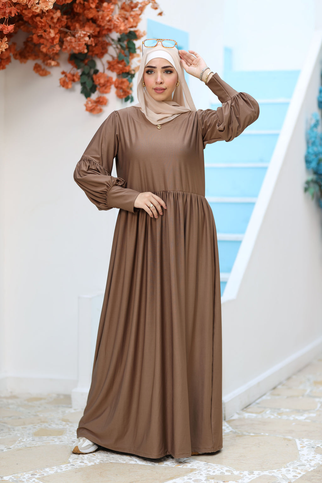 Puffy Sleeve Modest Maxi Dress – Premium Flow & Comfort - Cappuccino Brown | Revert