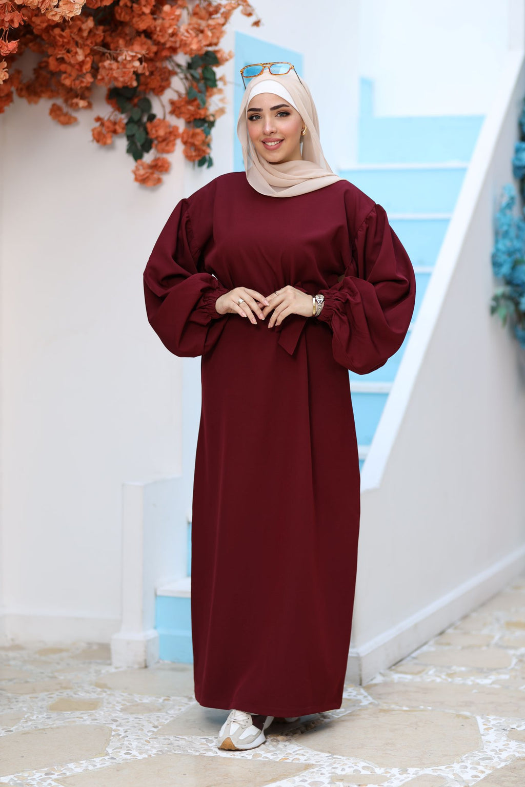 Premium Burgundy Modest Maxi Dress – Puff Sleeves, Belted Waist, Hijab-Friendly Elegant Abaya Style