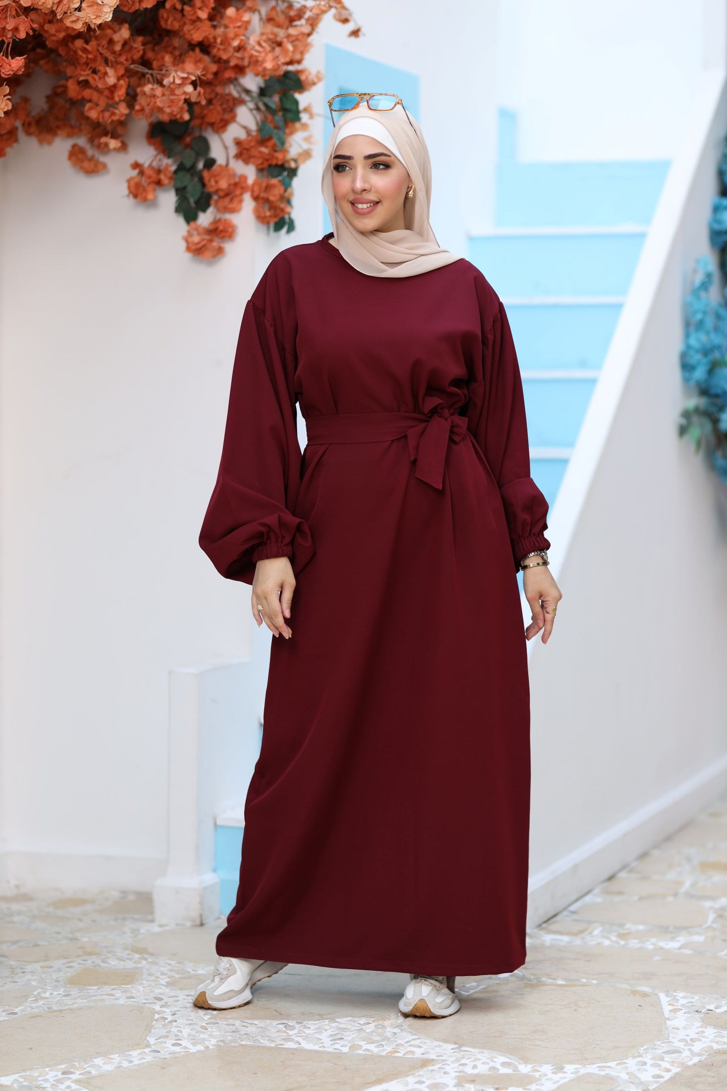 Premium Burgundy Modest Maxi Dress – Puff Sleeves, Belted Waist, Hijab-Friendly Elegant Abaya Style
