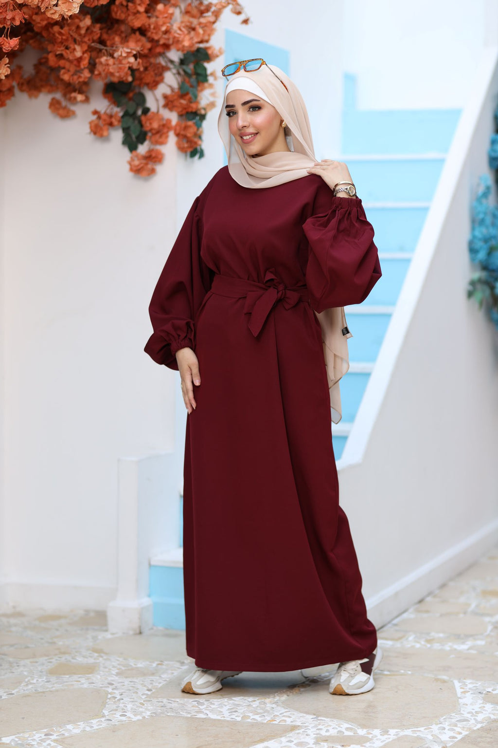 Premium Burgundy Modest Maxi Dress – Puff Sleeves, Belted Waist, Hijab-Friendly Elegant Abaya Style