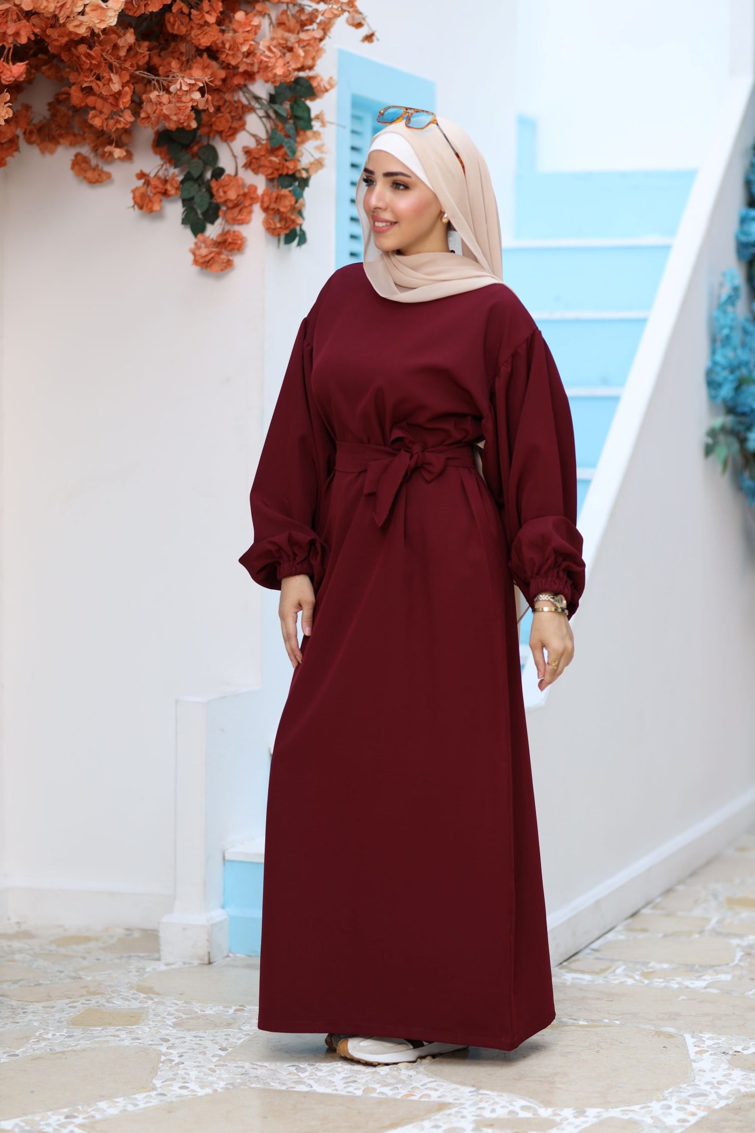 Premium Burgundy Modest Maxi Dress – Puff Sleeves, Belted Waist, Hijab-Friendly Elegant Abaya Style