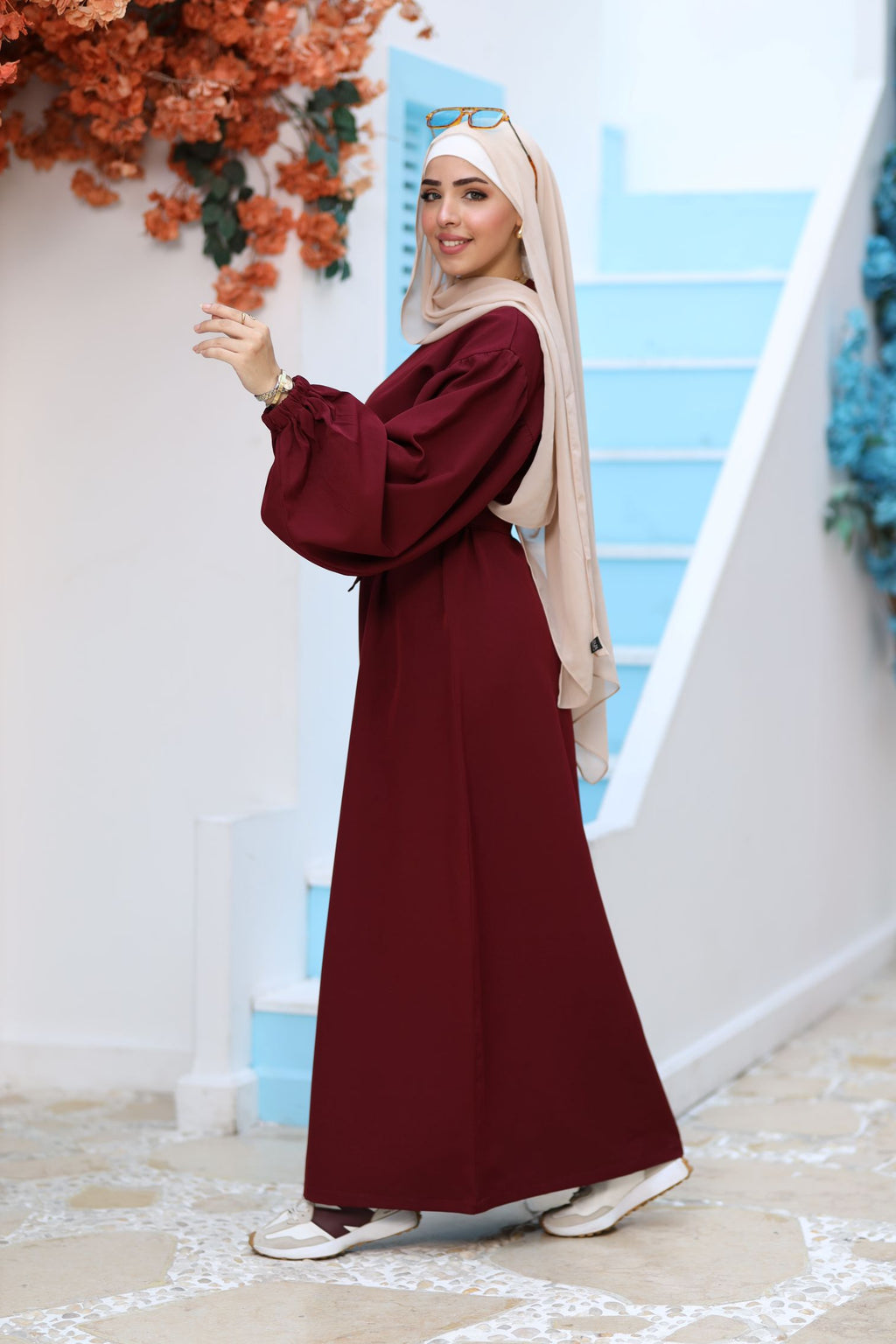 Premium Burgundy Modest Maxi Dress – Puff Sleeves, Belted Waist, Hijab-Friendly Elegant Abaya Style