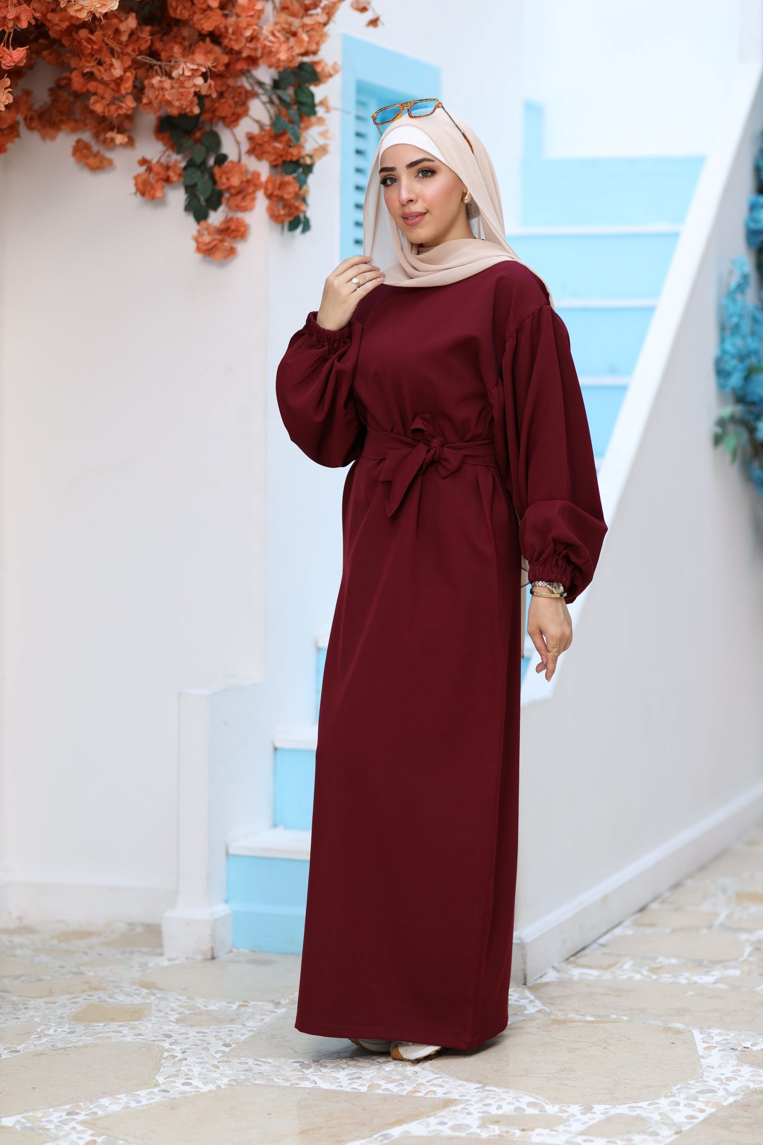 Premium Burgundy Modest Maxi Dress – Puff Sleeves, Belted Waist, Hijab-Friendly Elegant Abaya Style
