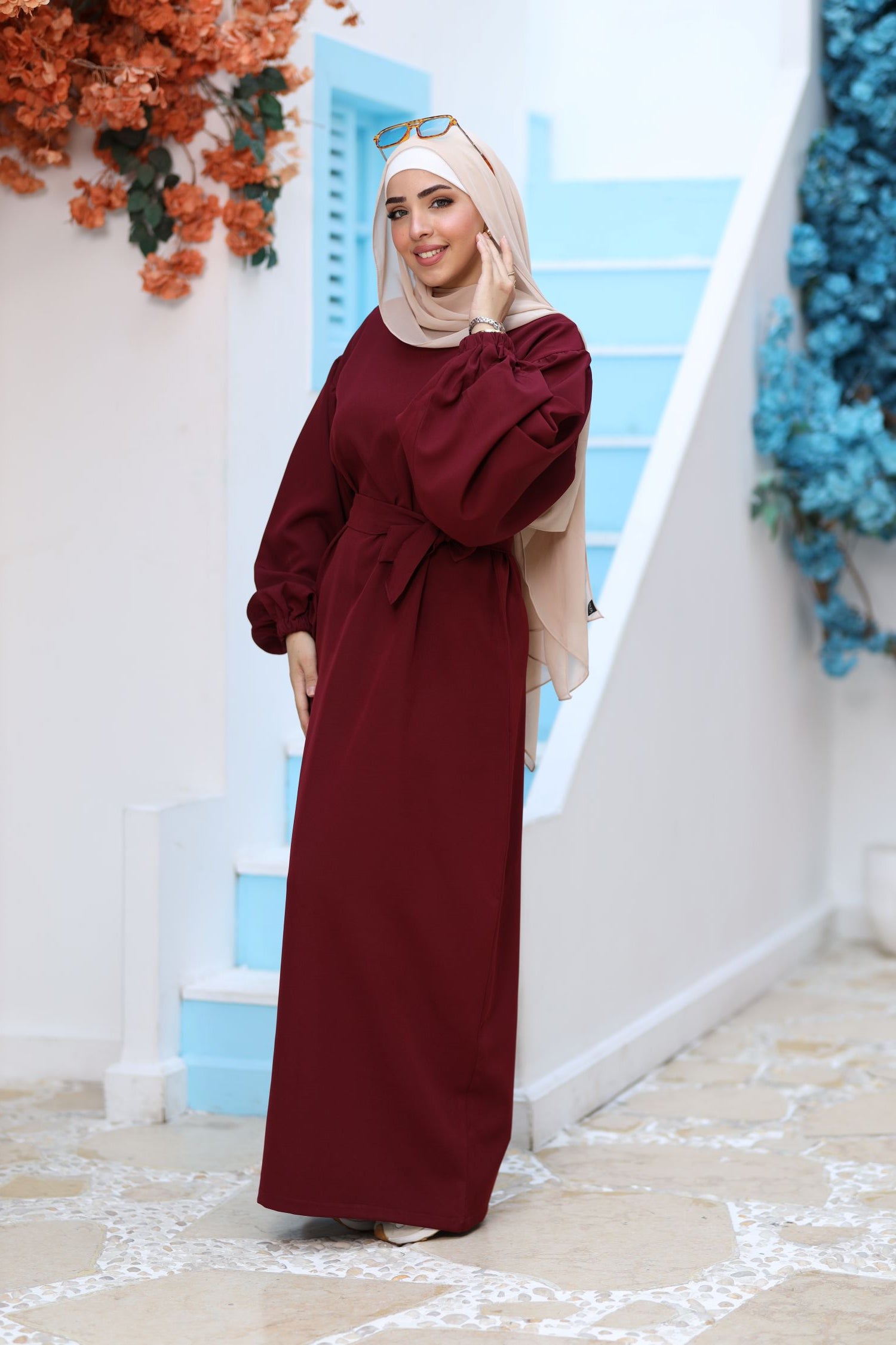 Premium Burgundy Modest Maxi Dress – Puff Sleeves, Belted Waist, Hijab-Friendly Elegant Abaya Style