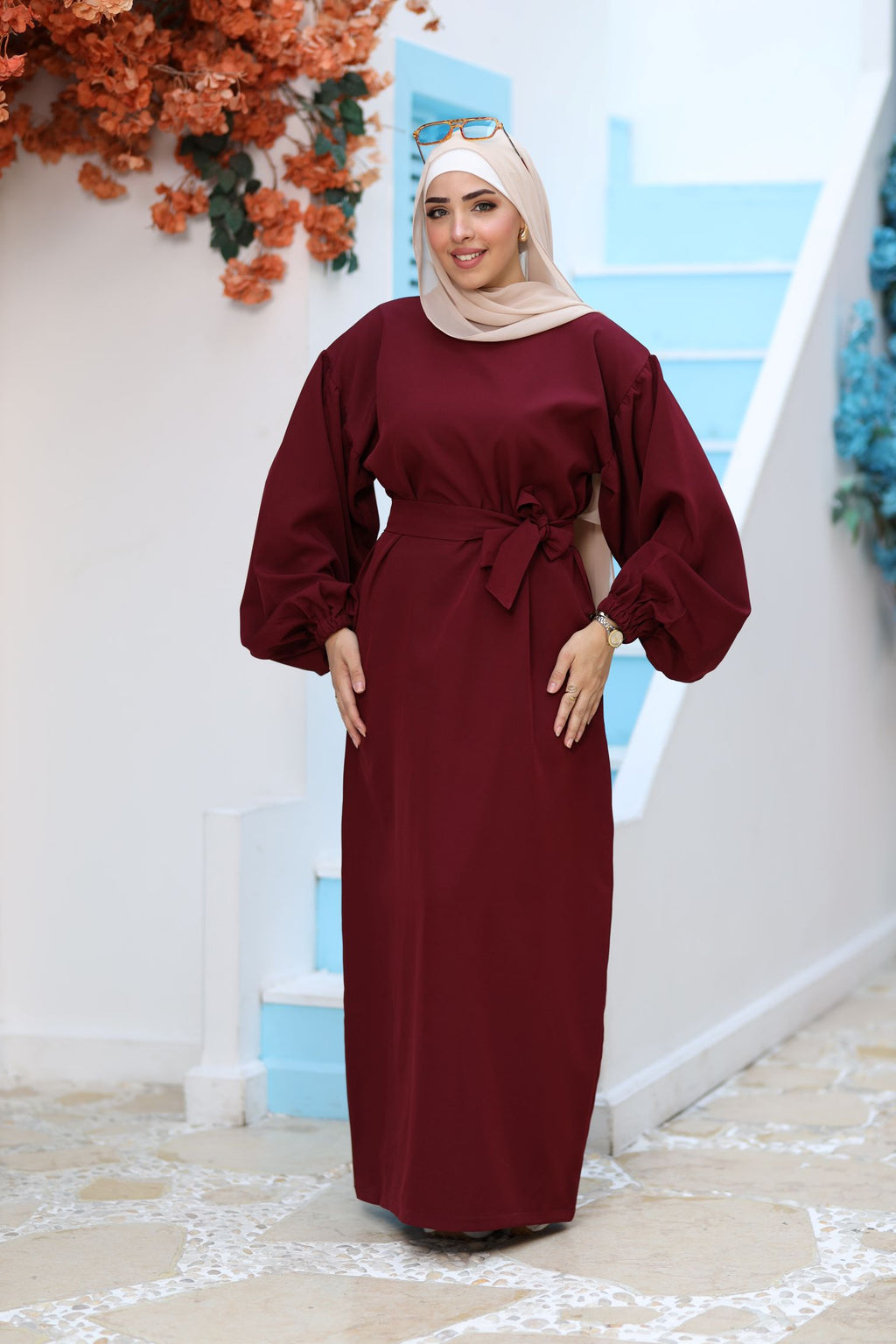 Premium Burgundy Modest Maxi Dress – Puff Sleeves, Belted Waist, Hijab-Friendly Elegant Abaya Style