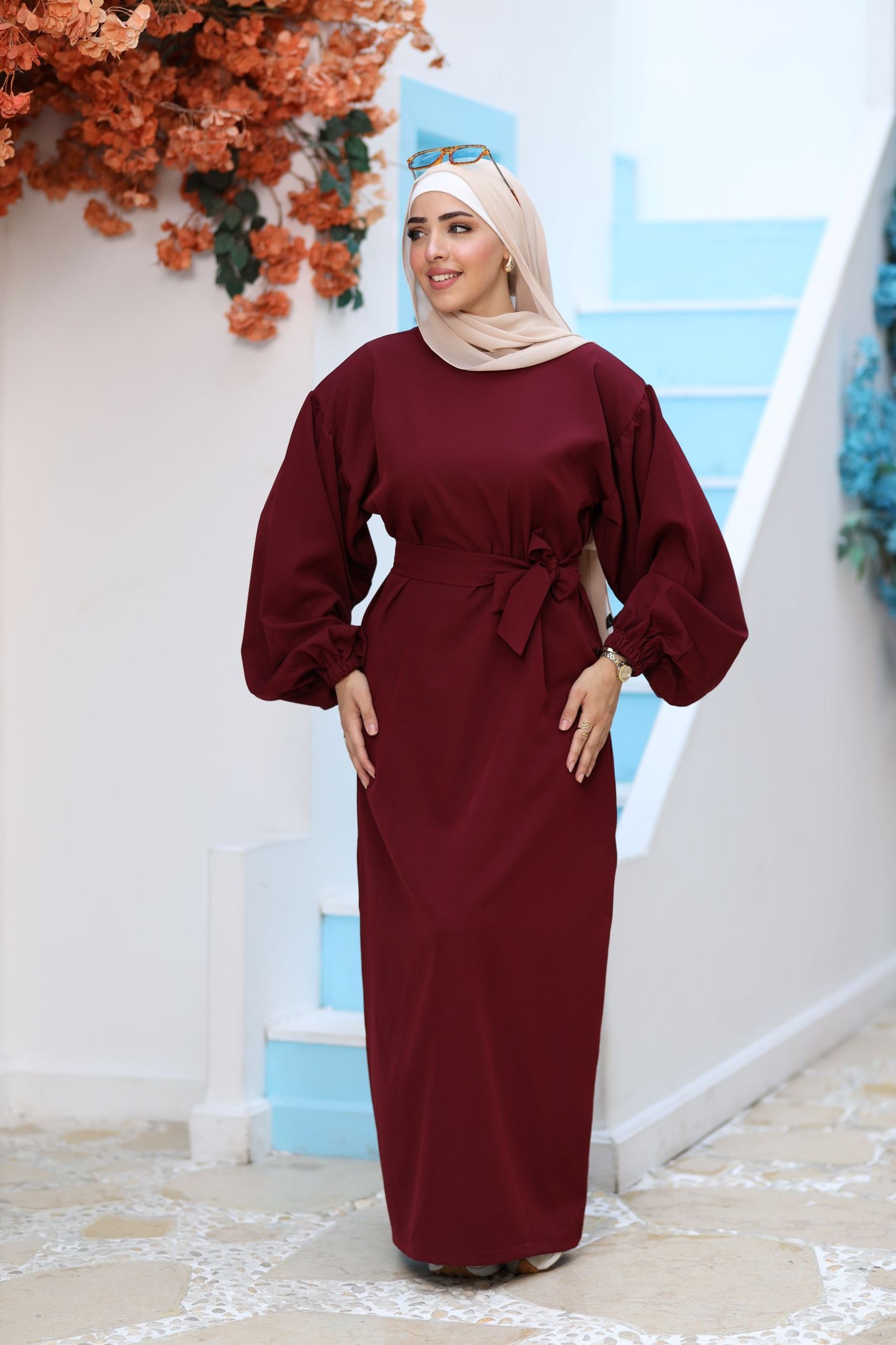 Premium Burgundy Modest Maxi Dress – Puff Sleeves, Belted Waist, Hijab-Friendly Elegant Abaya Style