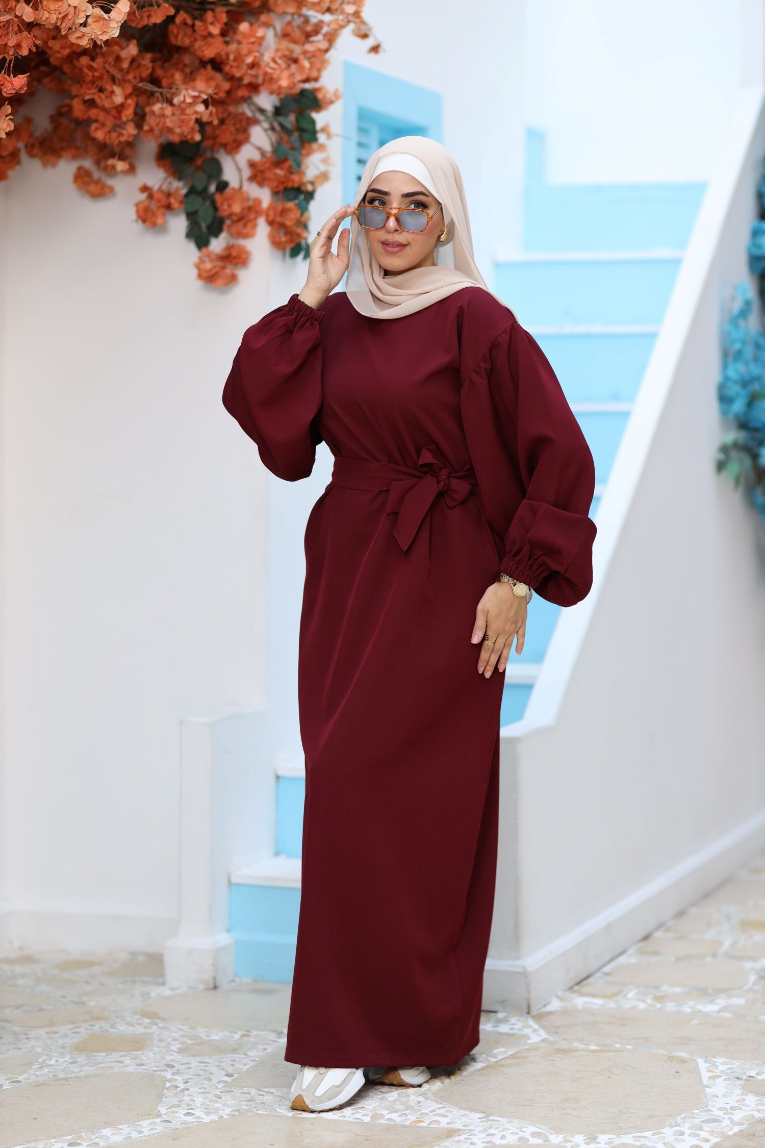 Premium Burgundy Modest Maxi Dress – Puff Sleeves, Belted Waist, Hijab-Friendly Elegant Abaya Style