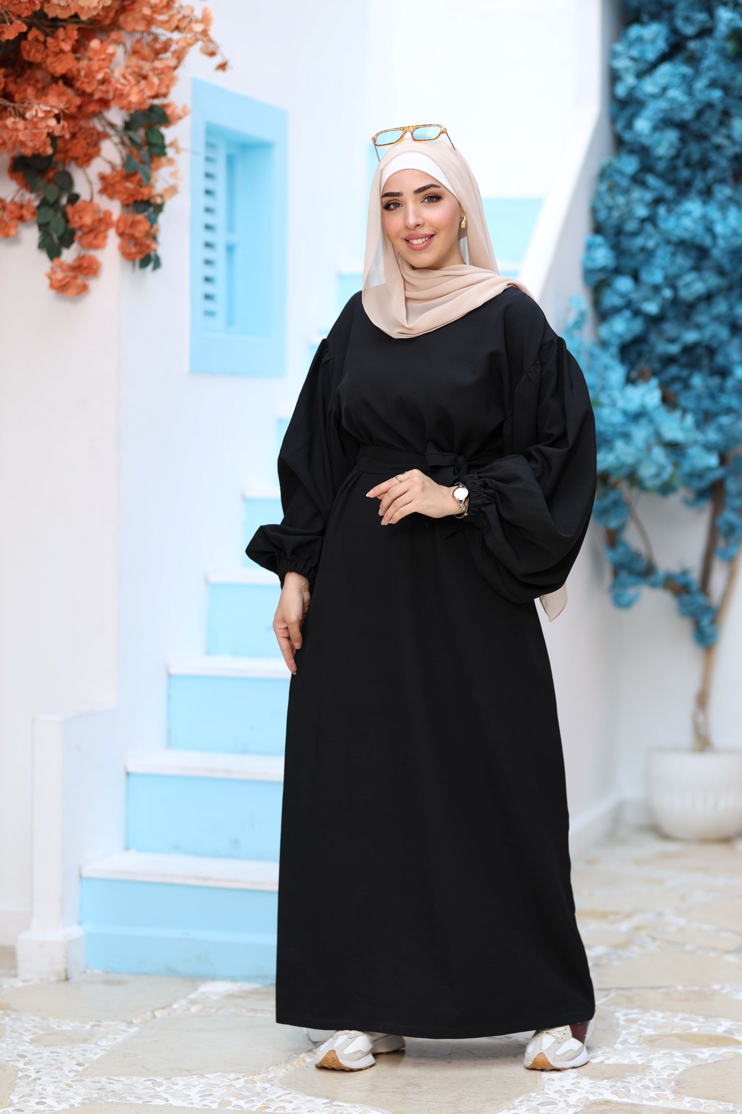 Premium Black Modest Maxi Dress – Puff Sleeves, Belted Waist, Hijab-Friendly Elegant Abaya Style
