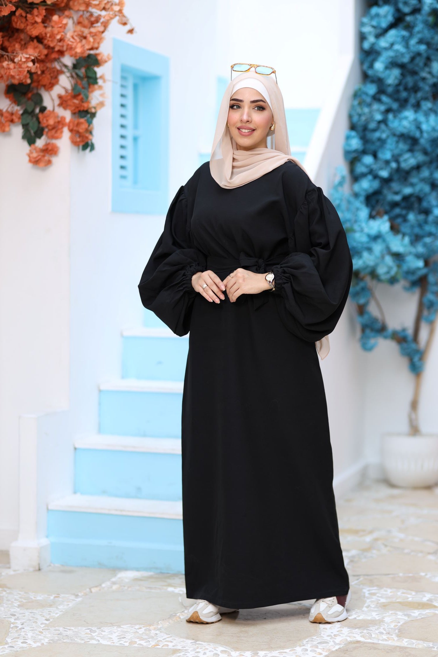 Premium Black Modest Maxi Dress – Puff Sleeves, Belted Waist, Hijab-Friendly Elegant Abaya Style