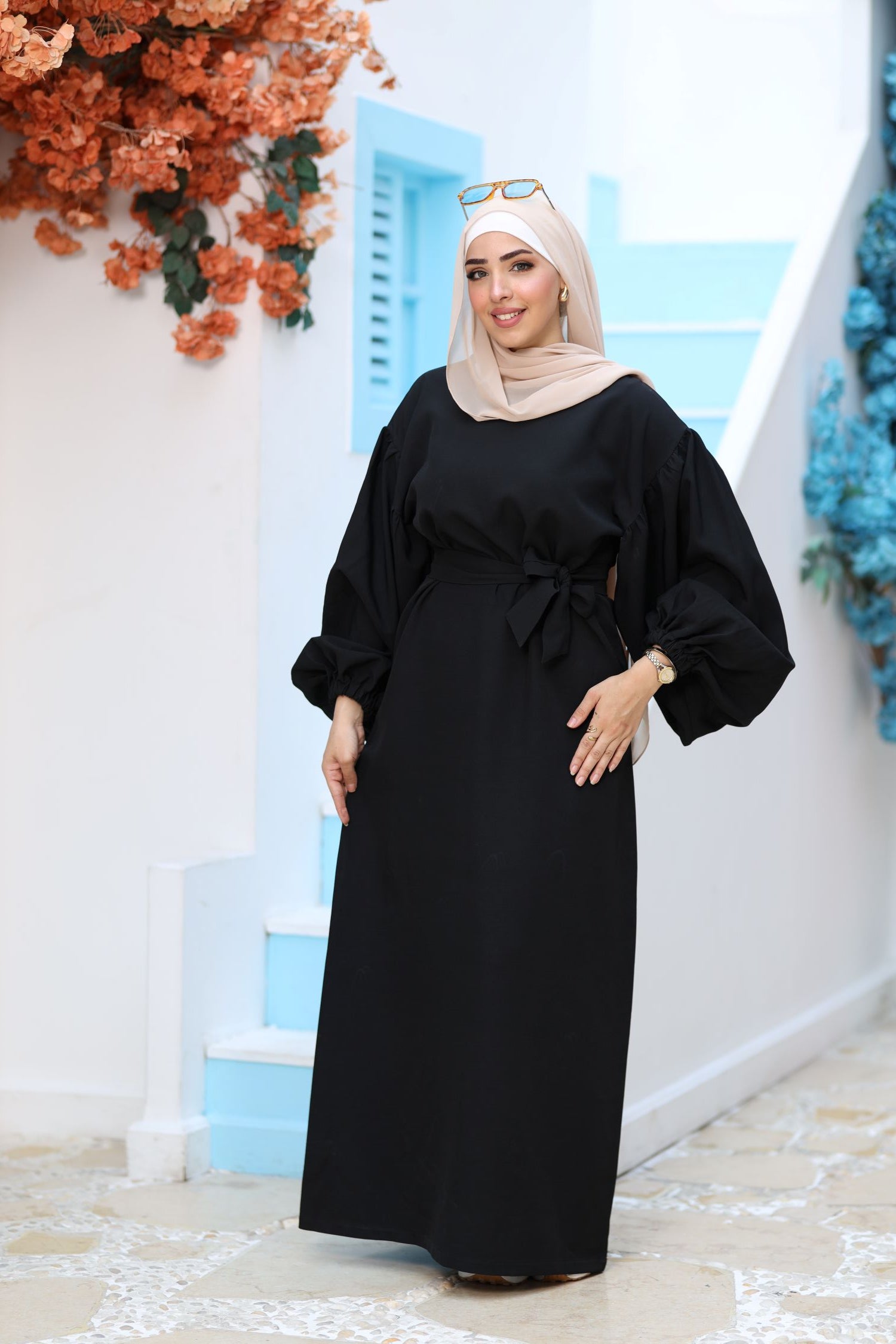 Premium Black Modest Maxi Dress – Puff Sleeves, Belted Waist, Hijab-Friendly Elegant Abaya Style