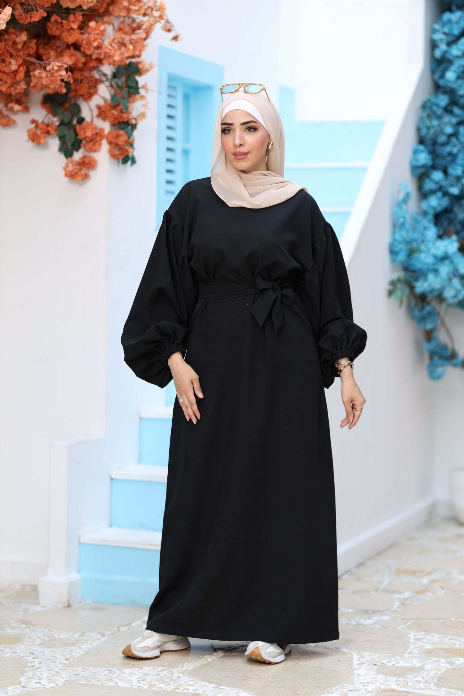 Premium Black Modest Maxi Dress – Puff Sleeves, Belted Waist, Hijab-Friendly Elegant Abaya Style