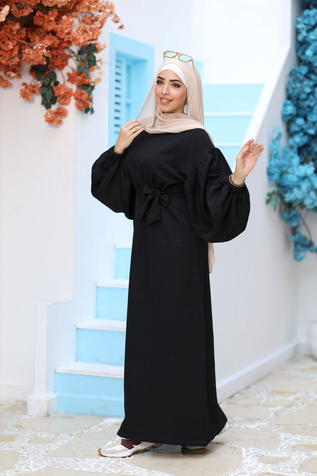 Premium Black Modest Maxi Dress – Puff Sleeves, Belted Waist, Hijab-Friendly Elegant Abaya Style