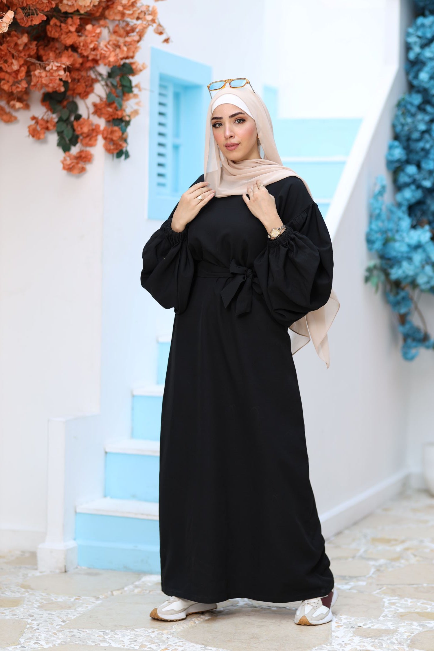 Premium Black Modest Maxi Dress – Puff Sleeves, Belted Waist, Hijab-Friendly Elegant Abaya Style