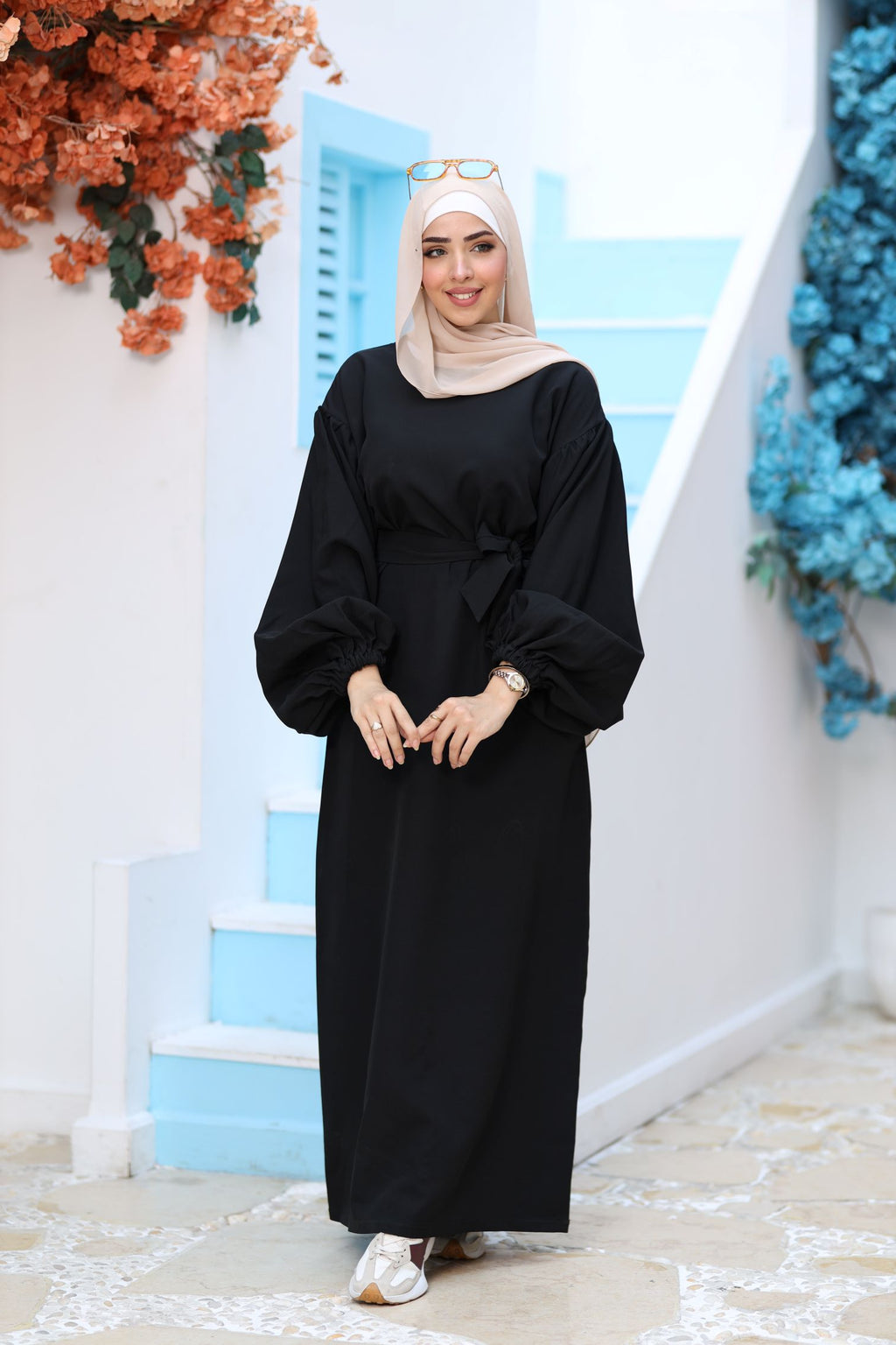Premium Black Modest Maxi Dress – Puff Sleeves, Belted Waist, Hijab-Friendly Elegant Abaya Style