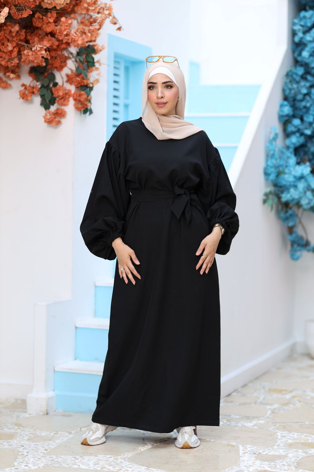 Premium Black Modest Maxi Dress – Puff Sleeves, Belted Waist, Hijab-Friendly Elegant Abaya Style
