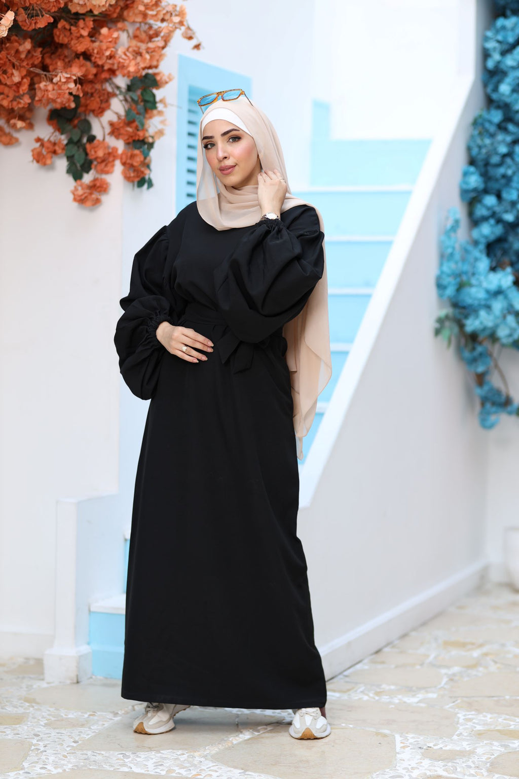 Premium Black Modest Maxi Dress – Puff Sleeves, Belted Waist, Hijab-Friendly Elegant Abaya Style
