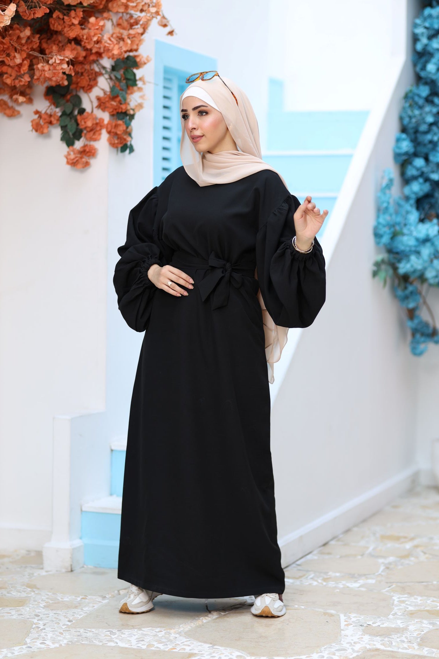 Premium Black Modest Maxi Dress – Puff Sleeves, Belted Waist, Hijab-Friendly Elegant Abaya Style