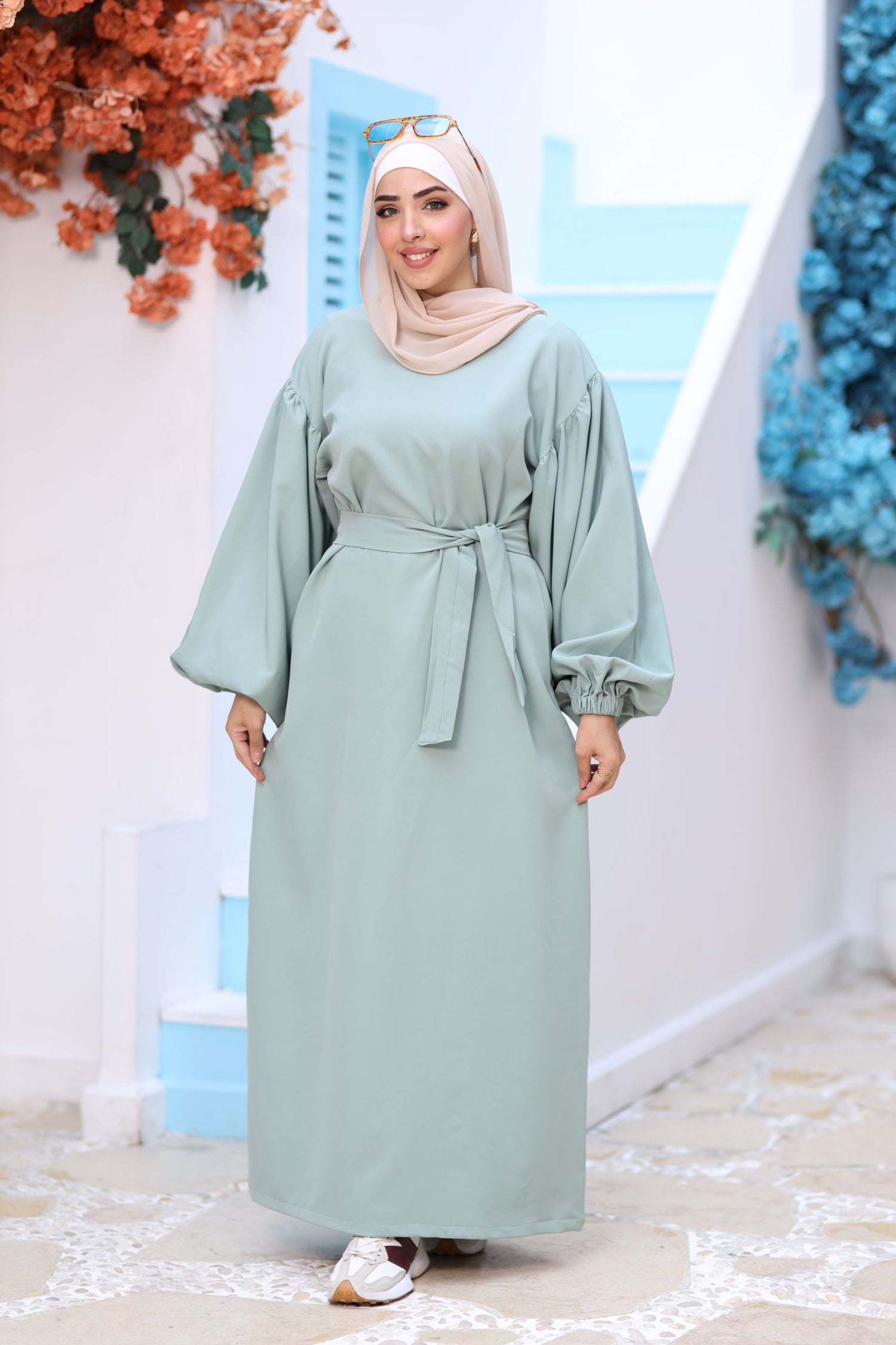 Premium Mint Modest Maxi Dress – Puff Sleeves, Belted Waist, Hijab-Friendly Elegant Abaya Style