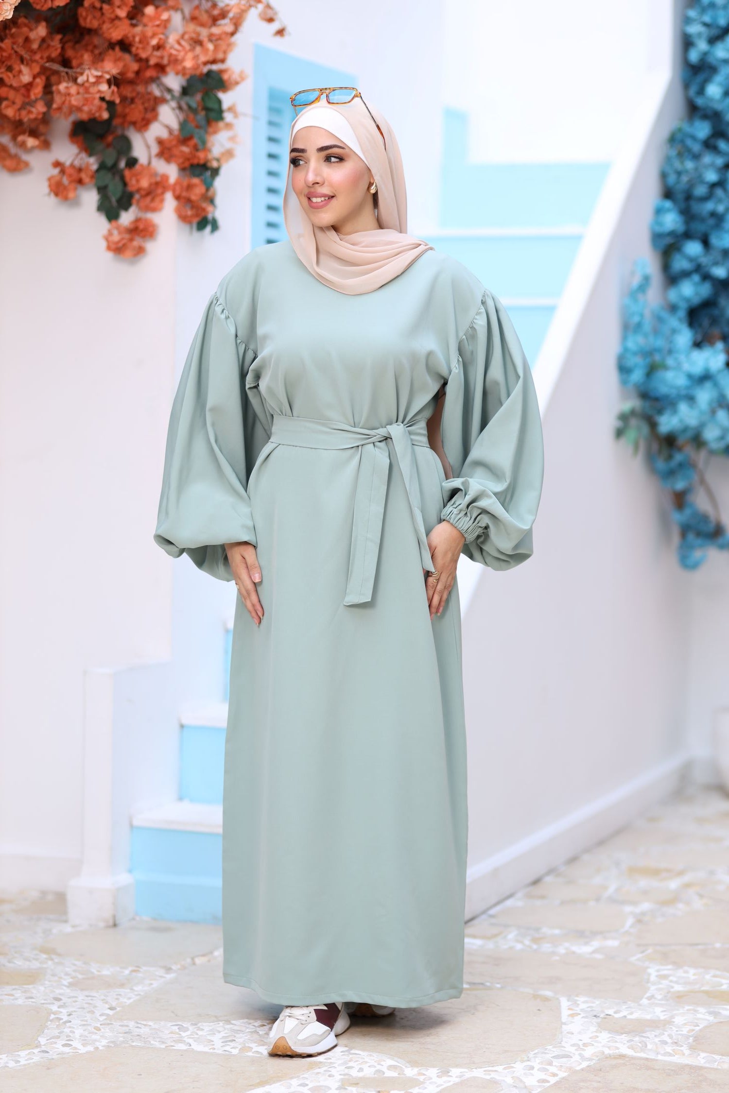 Premium Mint Modest Maxi Dress – Puff Sleeves, Belted Waist, Hijab-Friendly Elegant Abaya Style