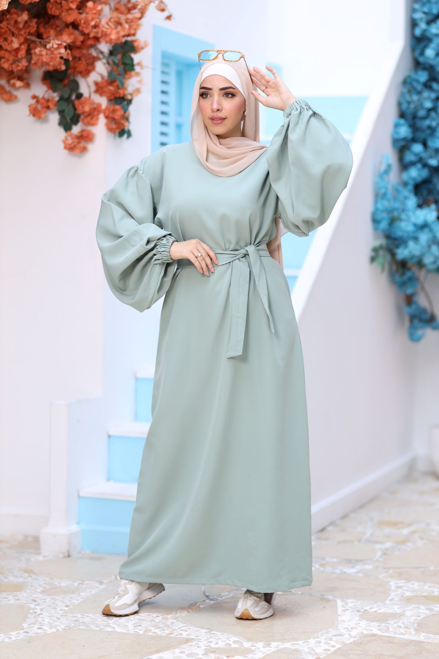 Premium Mint Modest Maxi Dress – Puff Sleeves, Belted Waist, Hijab-Friendly Elegant Abaya Style