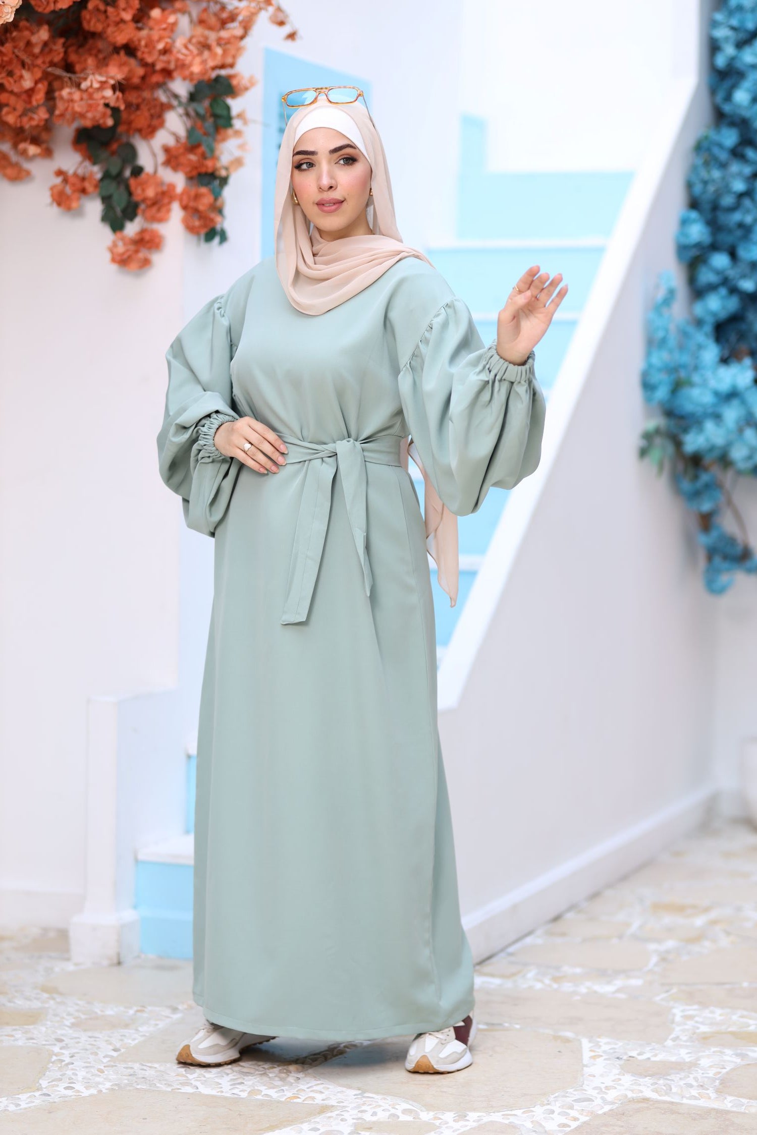 Premium Mint Modest Maxi Dress – Puff Sleeves, Belted Waist, Hijab-Friendly Elegant Abaya Style
