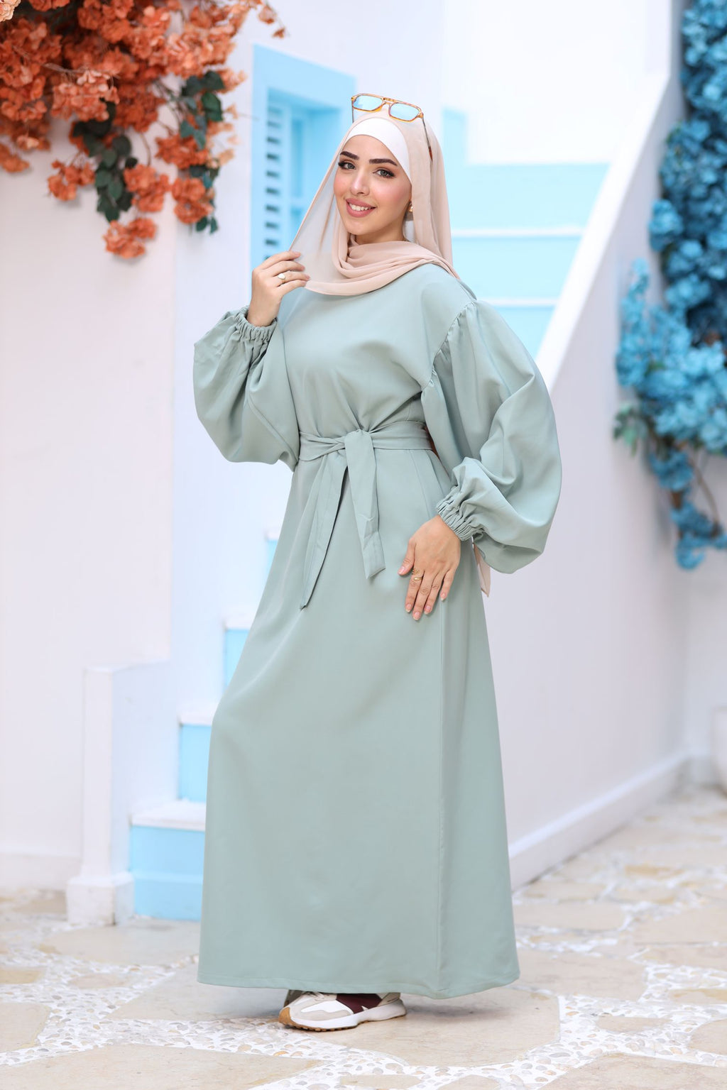 Premium Mint Modest Maxi Dress – Puff Sleeves, Belted Waist, Hijab-Friendly Elegant Abaya Style