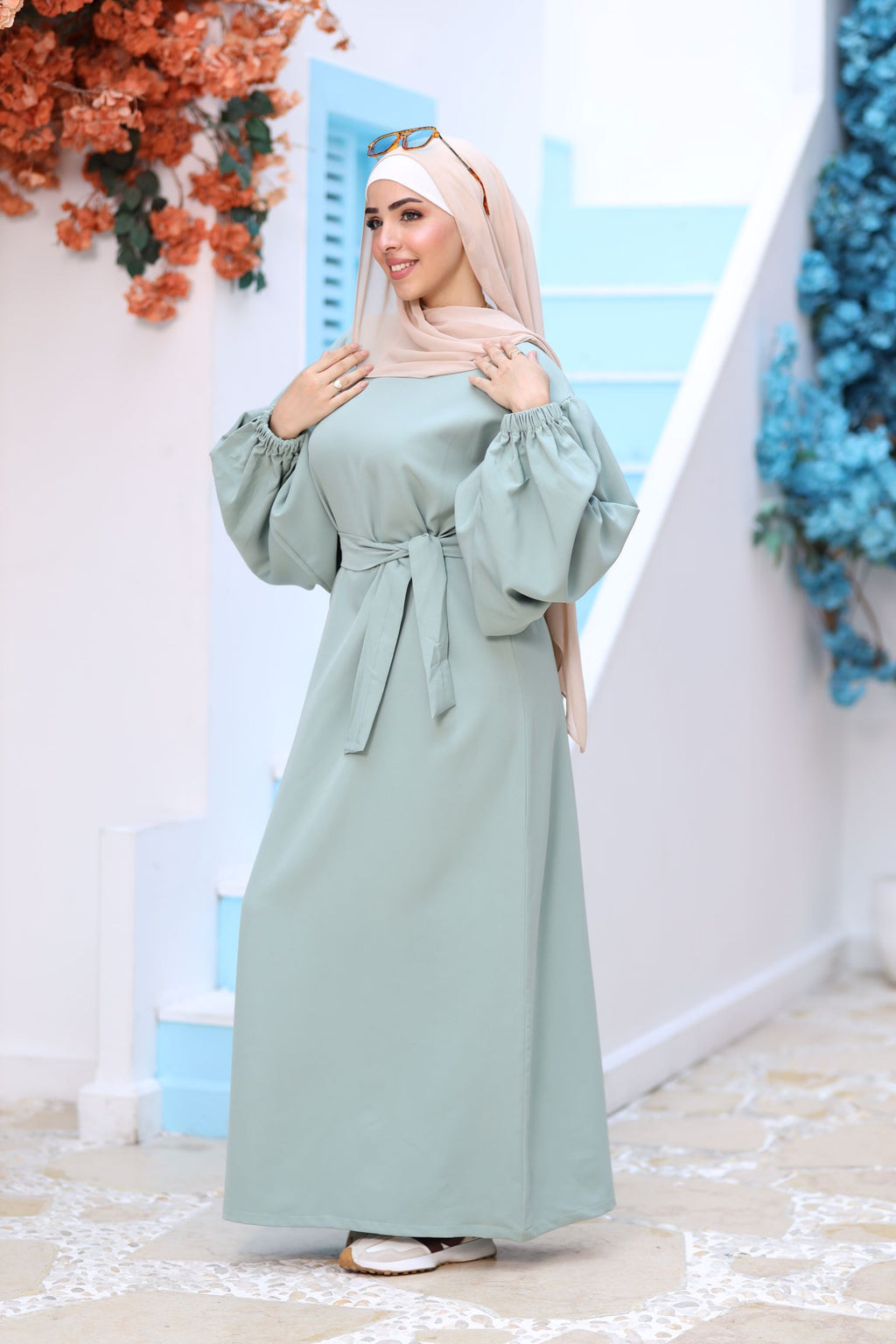 Premium Mint Modest Maxi Dress – Puff Sleeves, Belted Waist, Hijab-Friendly Elegant Abaya Style