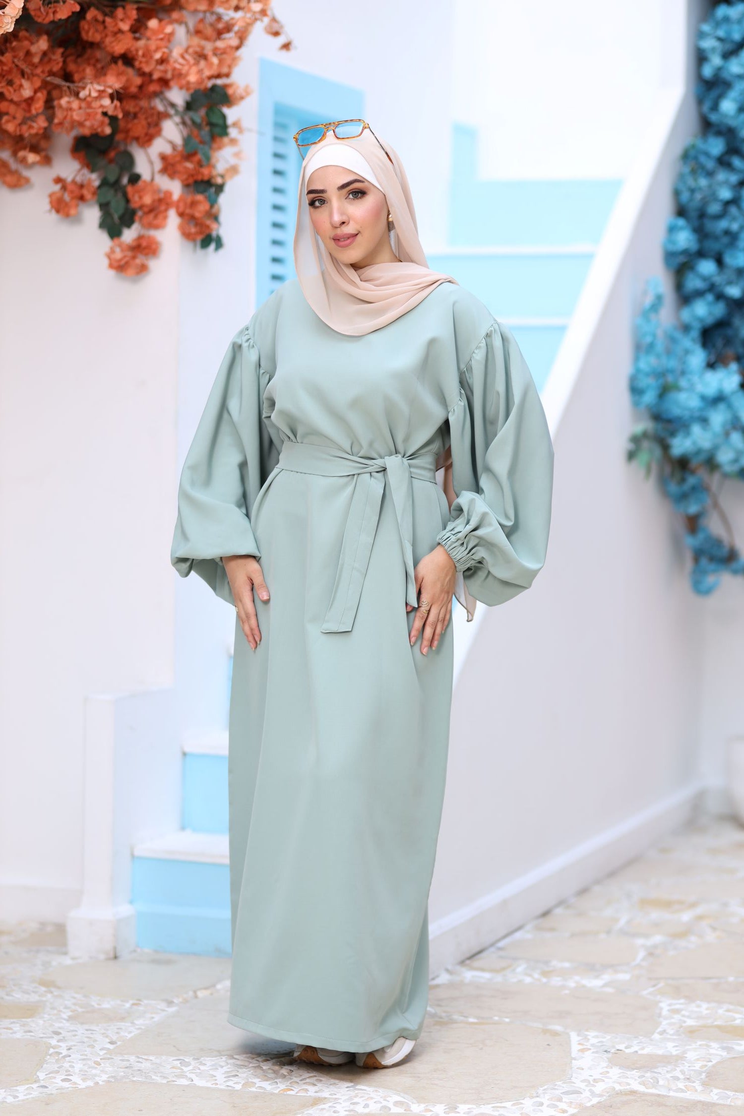 Premium Mint Modest Maxi Dress – Puff Sleeves, Belted Waist, Hijab-Friendly Elegant Abaya Style
