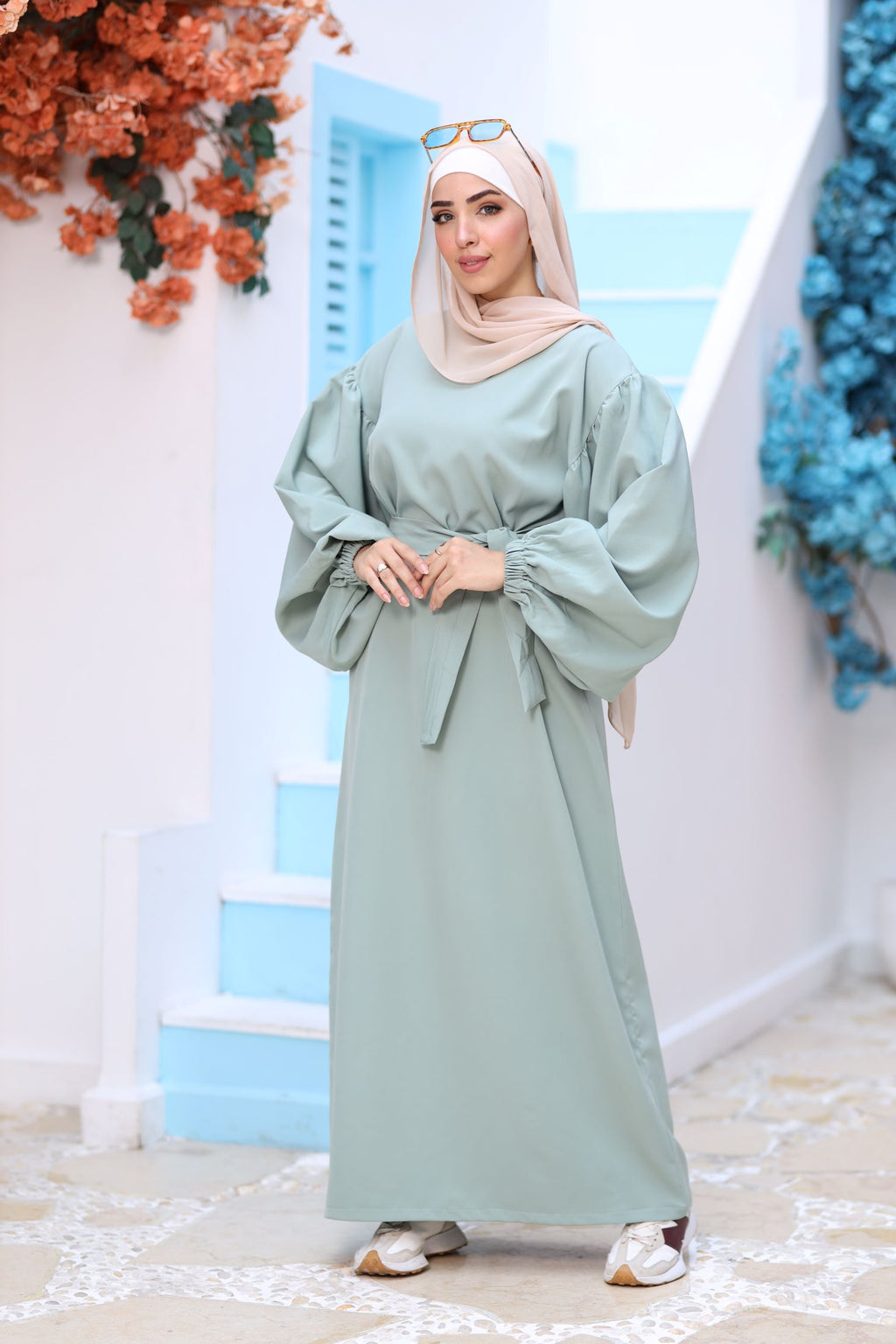 Premium Mint Modest Maxi Dress – Puff Sleeves, Belted Waist, Hijab-Friendly Elegant Abaya Style