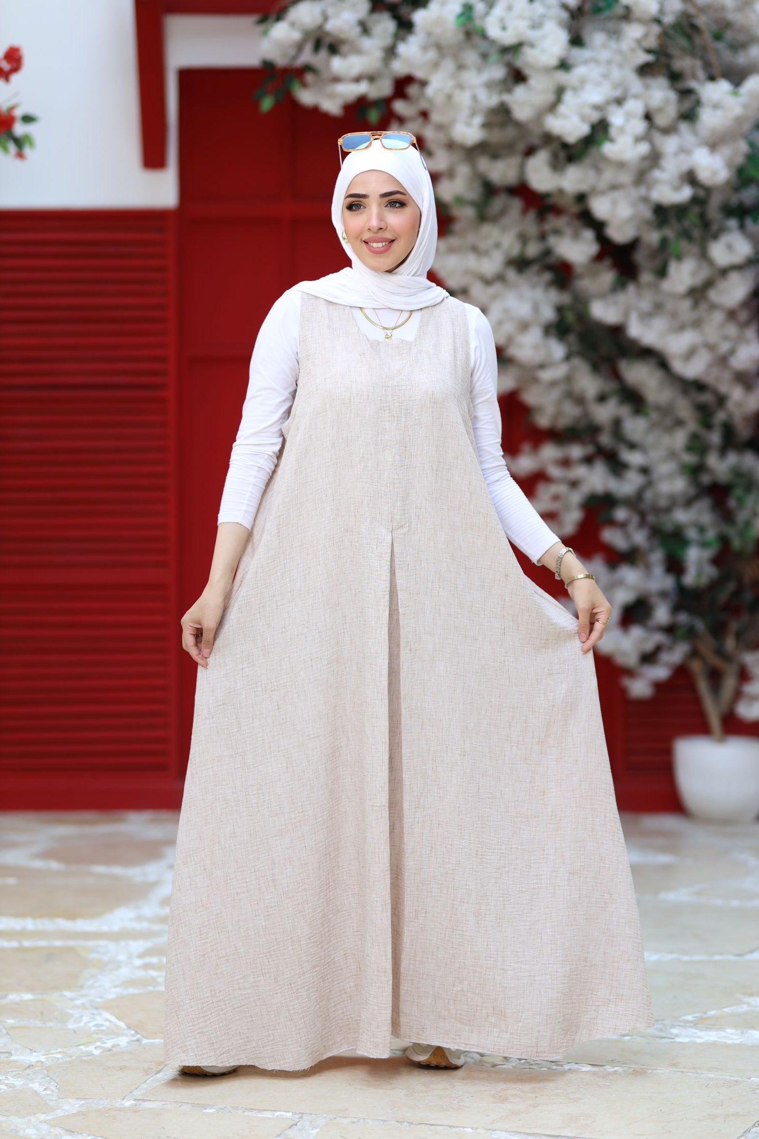 Beige Linen Modest Maxi Dress – Sleeveless A-Line Abaya Layering Piece, Lightweight Summer Linen Dress