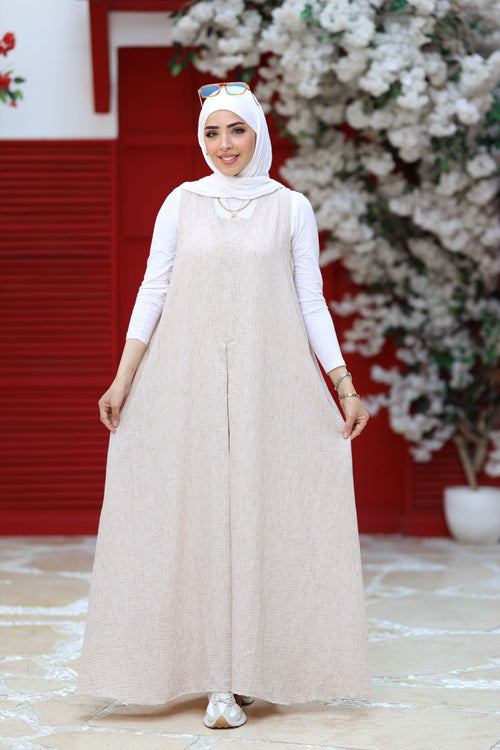Beige Linen Modest Maxi Dress – Sleeveless A-Line Abaya Layering Piece, Lightweight Summer Linen Dress