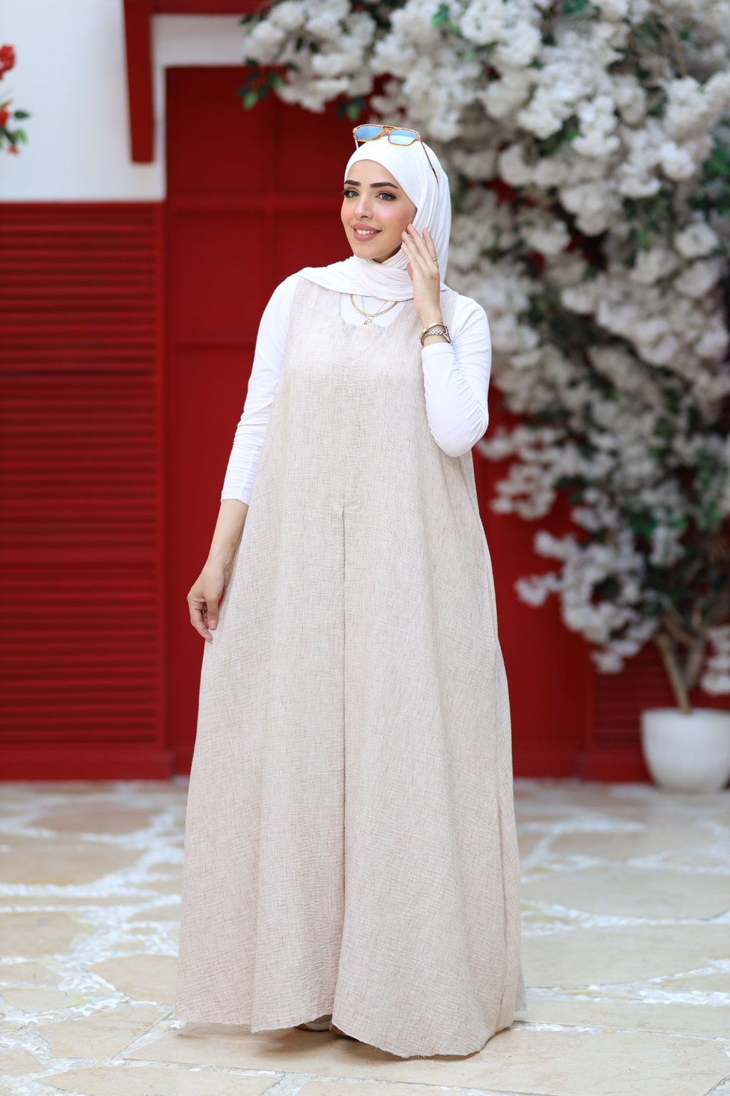 Beige Linen Modest Maxi Dress – Sleeveless A-Line Abaya Layering Piece, Lightweight Summer Linen Dress