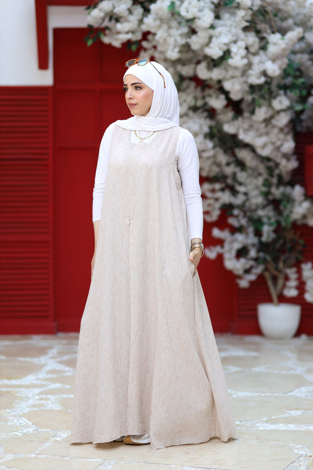 Beige Linen Modest Maxi Dress – Sleeveless A-Line Abaya Layering Piece, Lightweight Summer Linen Dress