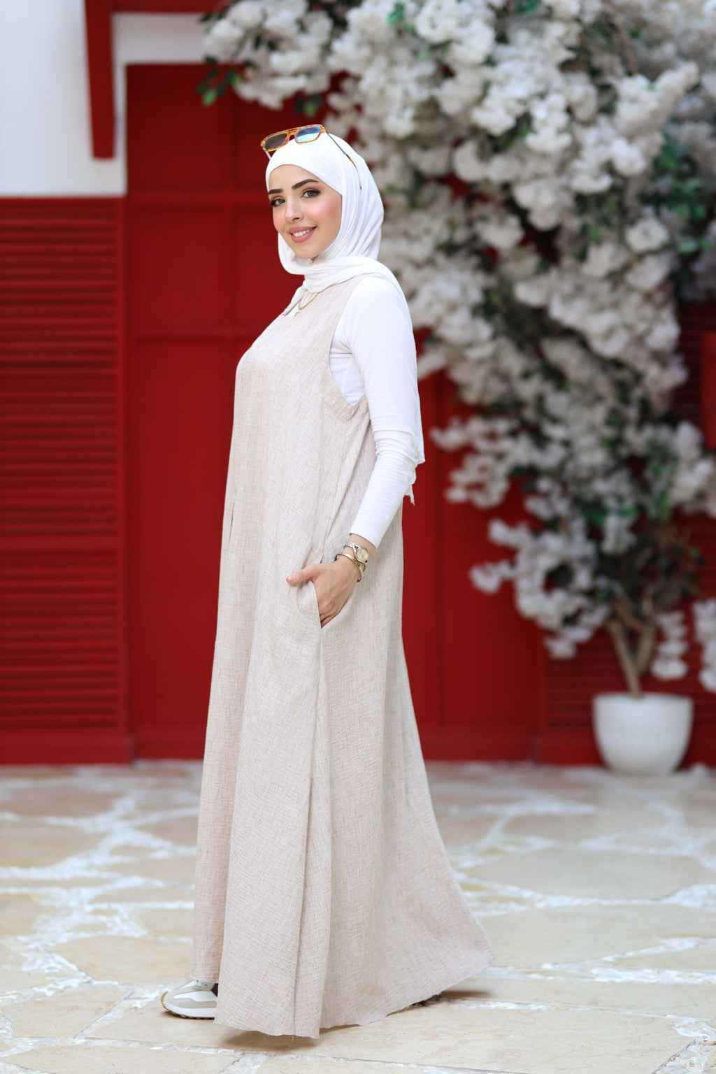 Beige Linen Modest Maxi Dress – Sleeveless A-Line Abaya Layering Piece, Lightweight Summer Linen Dress