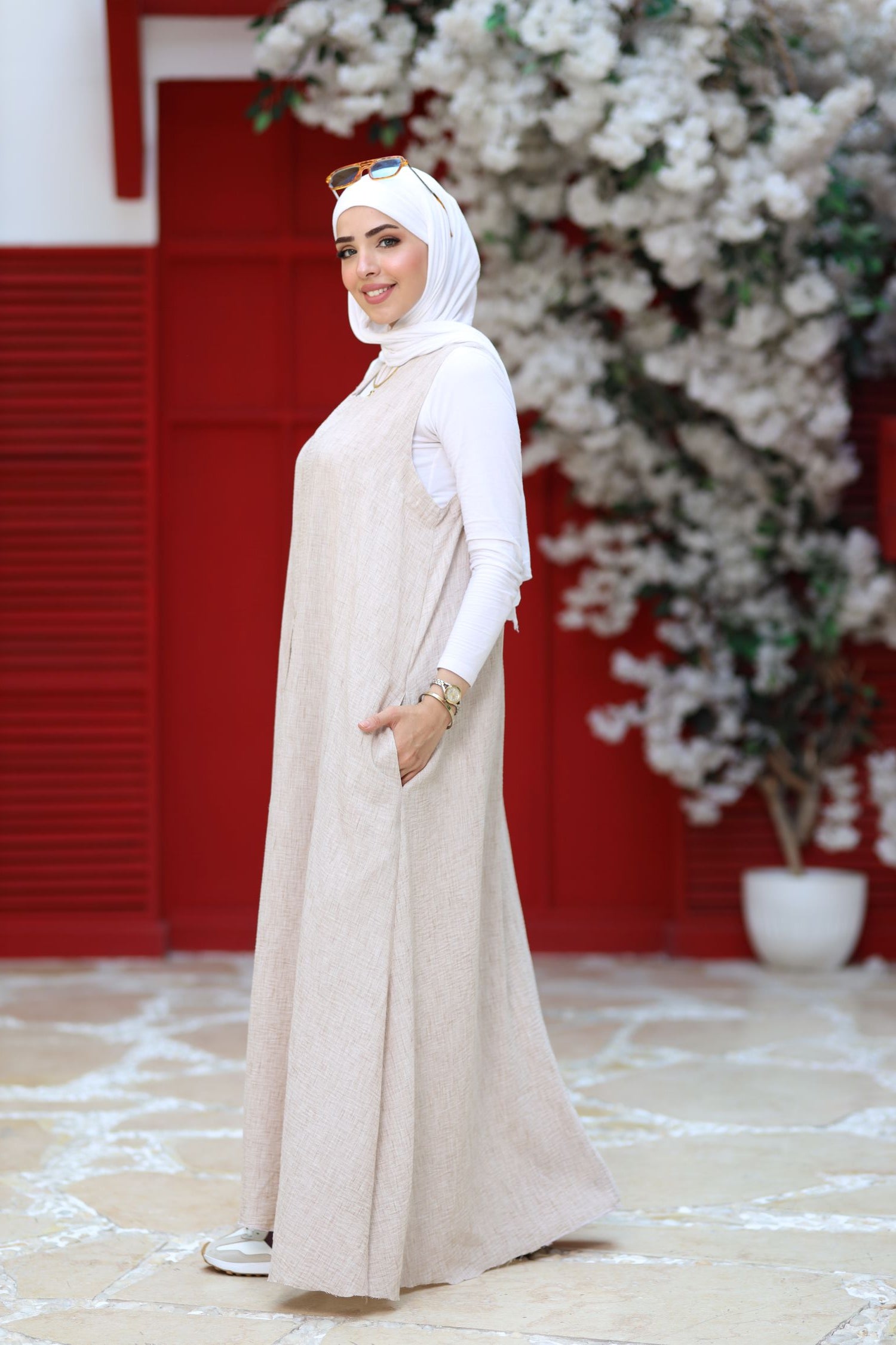 Beige Linen Modest Maxi Dress – Sleeveless A-Line Abaya Layering Piece, Lightweight Summer Linen Dress