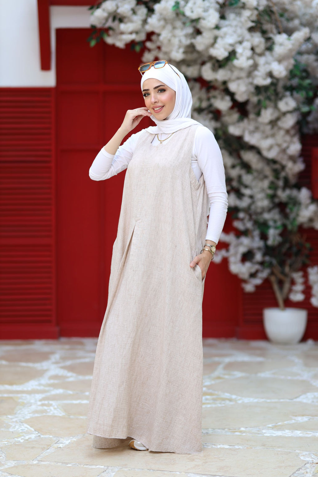 Beige Linen Modest Maxi Dress – Sleeveless A-Line Abaya Layering Piece, Lightweight Summer Linen Dress