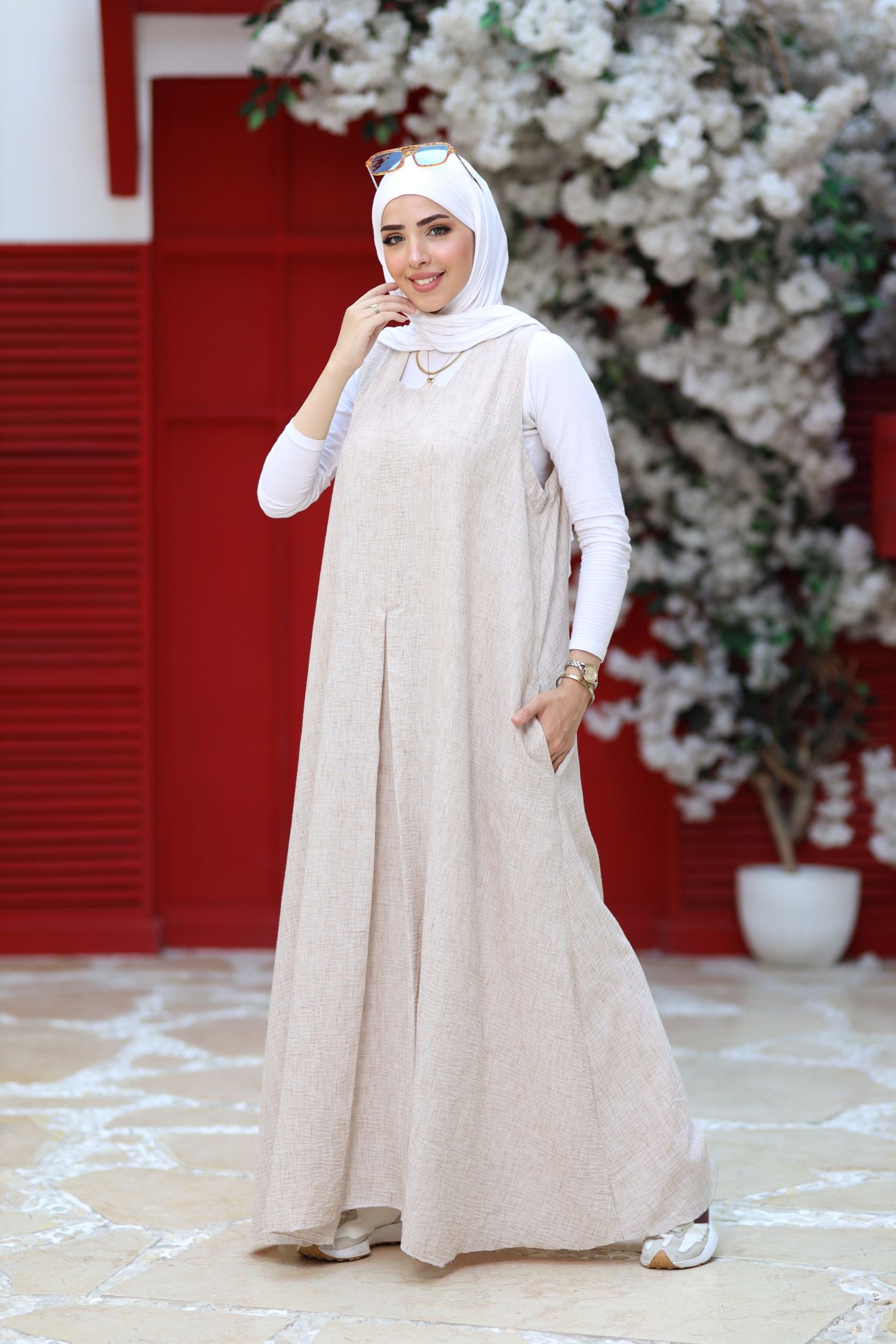 Beige Linen Modest Maxi Dress – Sleeveless A-Line Abaya Layering Piece, Lightweight Summer Linen Dress