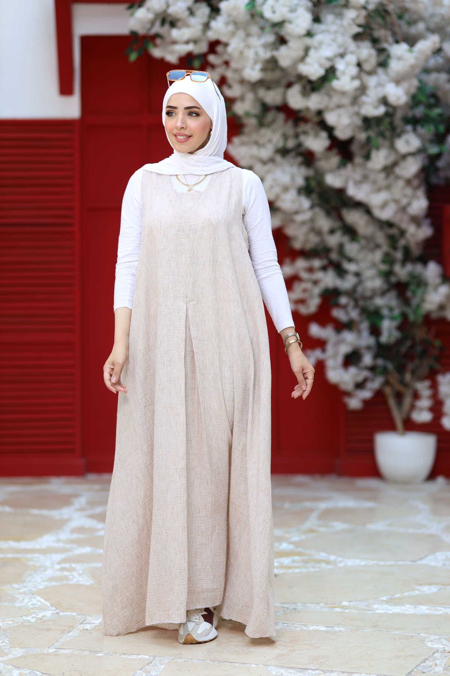 Beige Linen Modest Maxi Dress – Sleeveless A-Line Abaya Layering Piece, Lightweight Summer Linen Dress